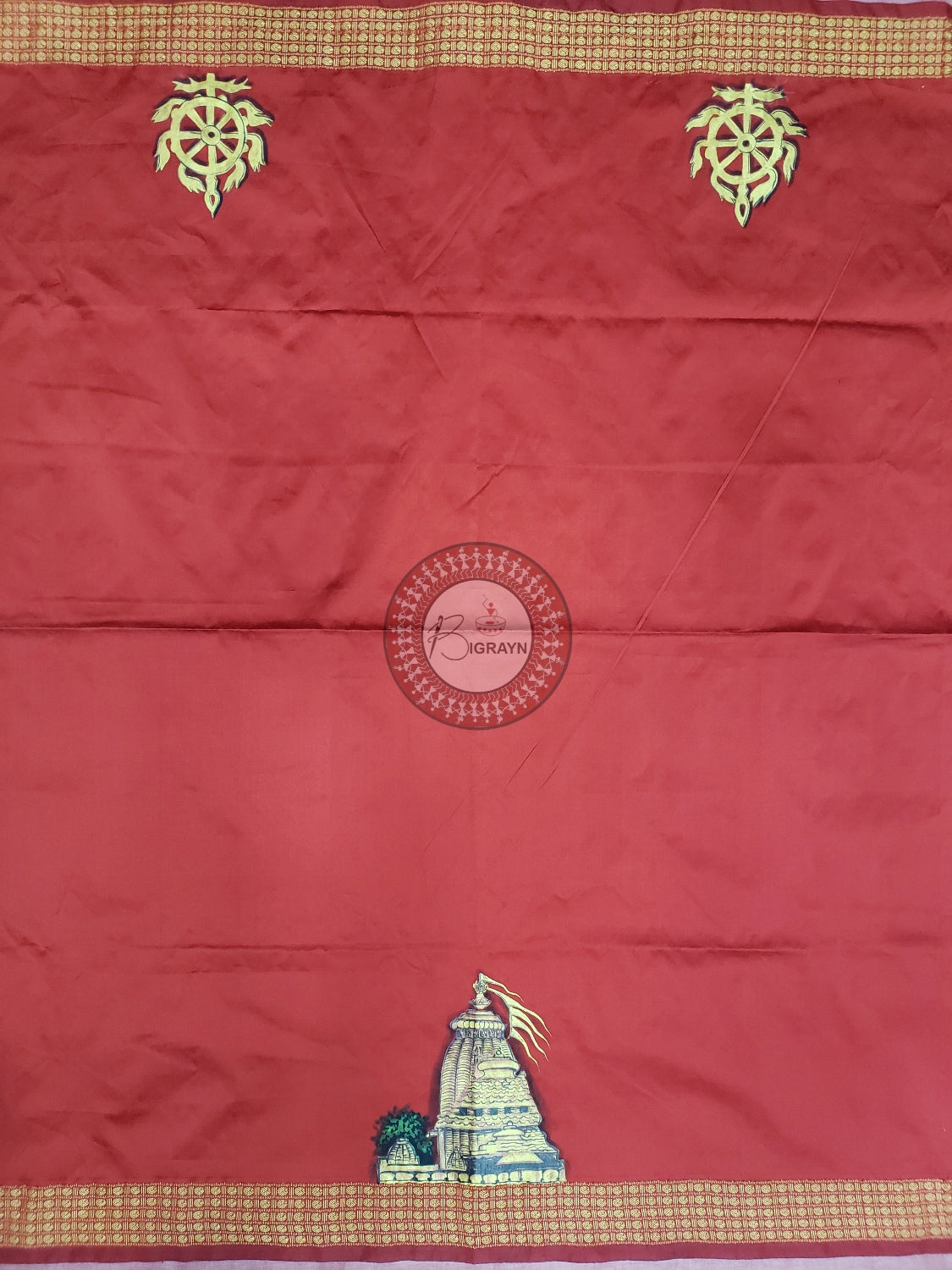 Red Sri Mandira Theme Pattachitra Silk Blouse Piece
