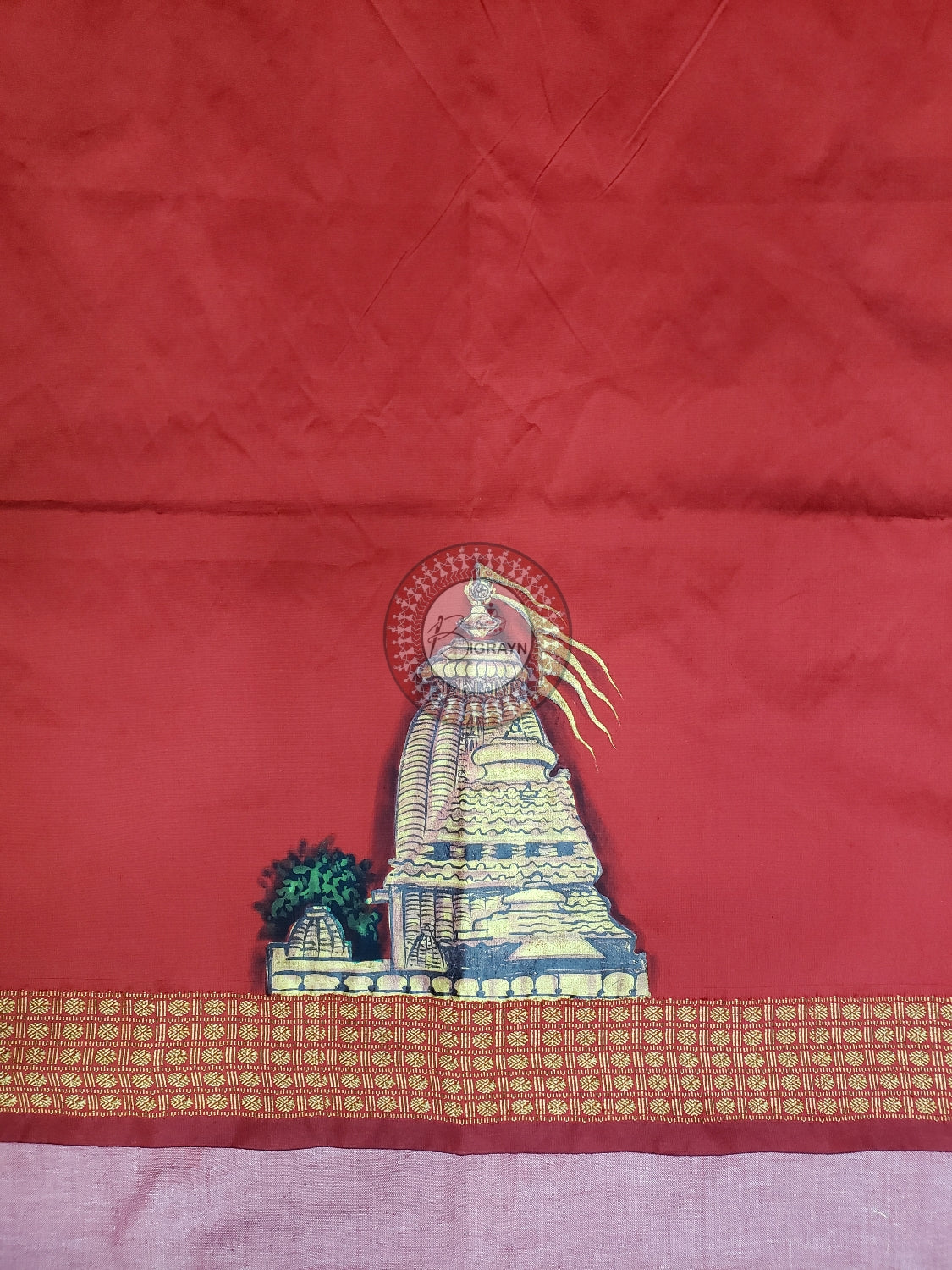 Red Sri Mandira Theme Pattachitra Silk Blouse Piece