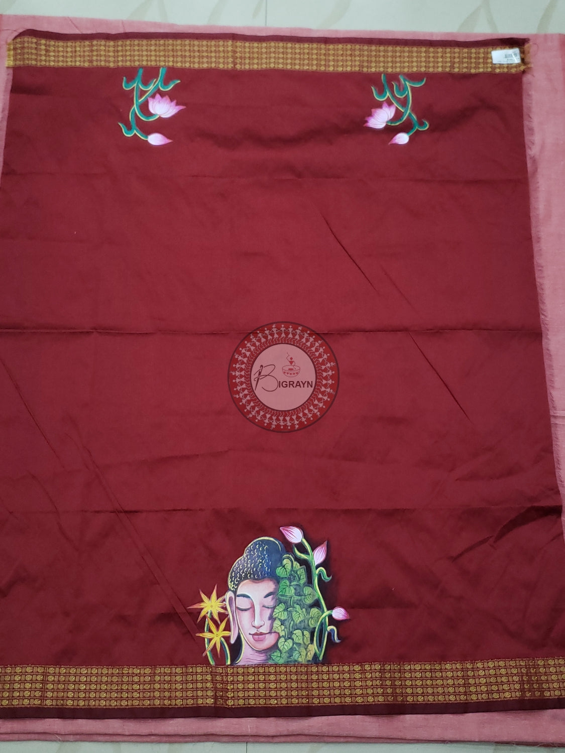 Maroon Budha Face Theme Pattachitra Silk Blouse Piece