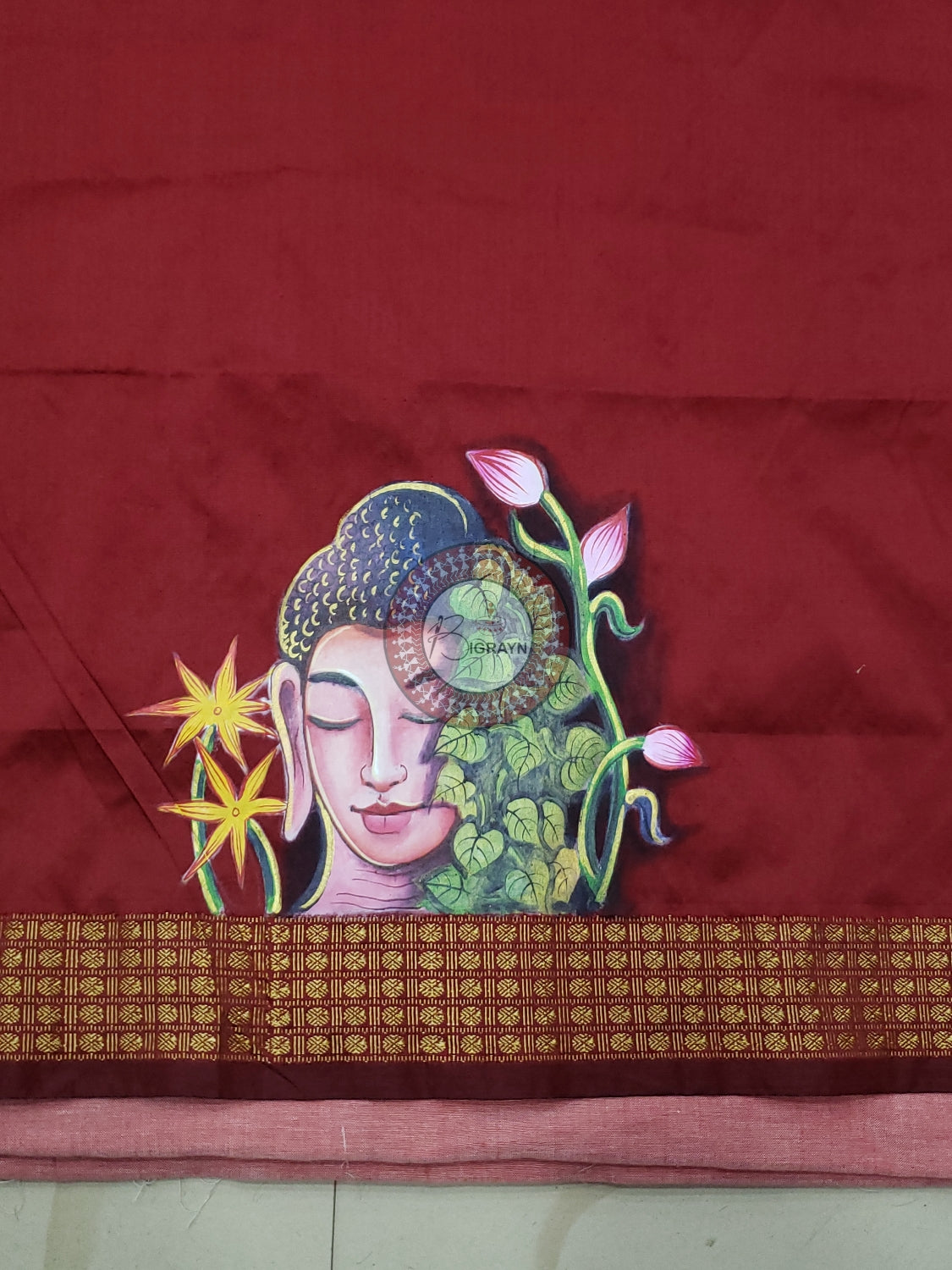 Maroon Budha Face Theme Pattachitra Silk Blouse Piece