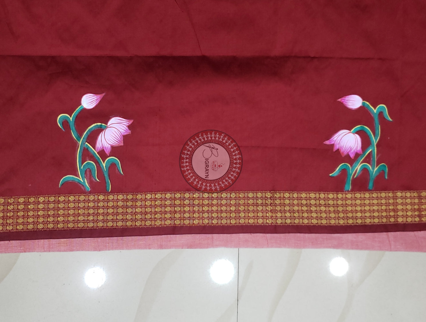 Maroon Budha Face Theme Pattachitra Silk Blouse Piece