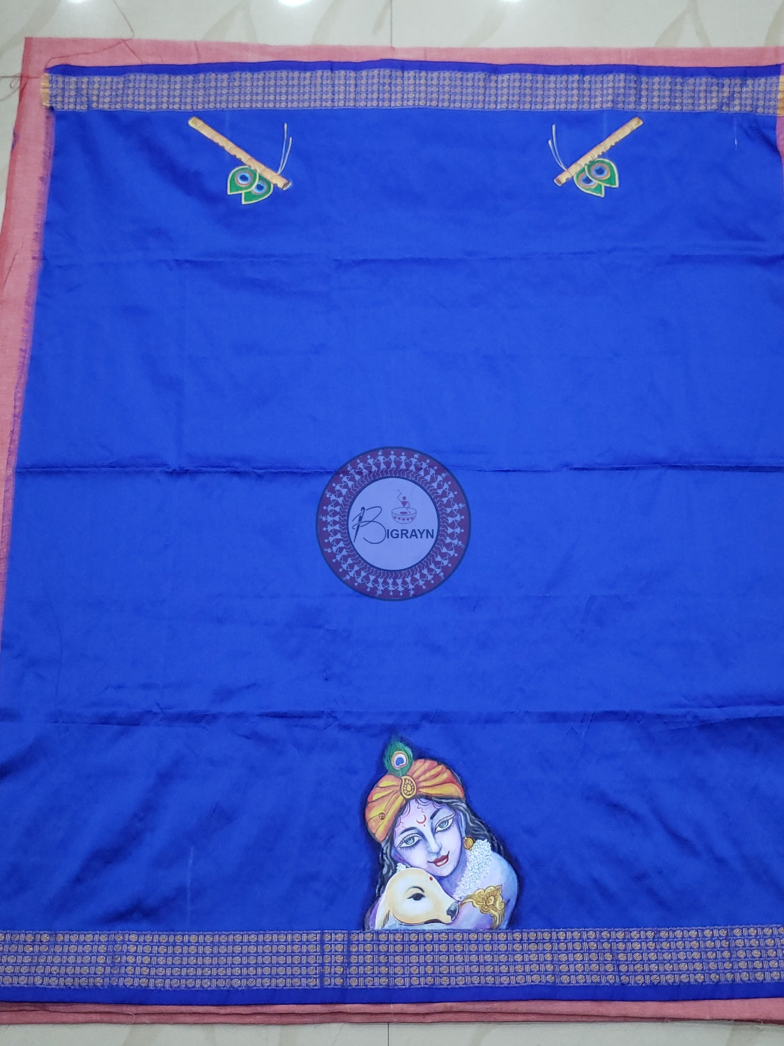 Blue Krishna Picwai Theme Pattachitra Silk Blouse Piece