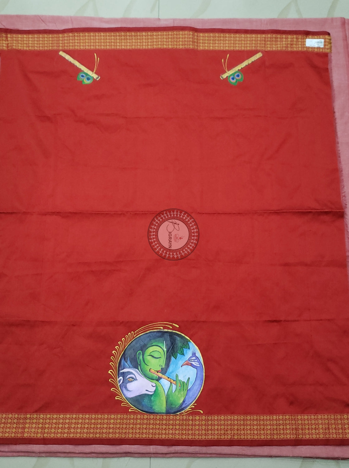 Red Sri Krishna Playing Bansuri Theme Pattachitra Silk Blouse Piece