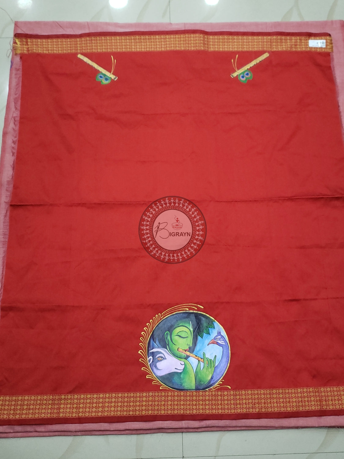 Red Sri Krishna Playing Bansuri Theme Pattachitra Silk Blouse Piece