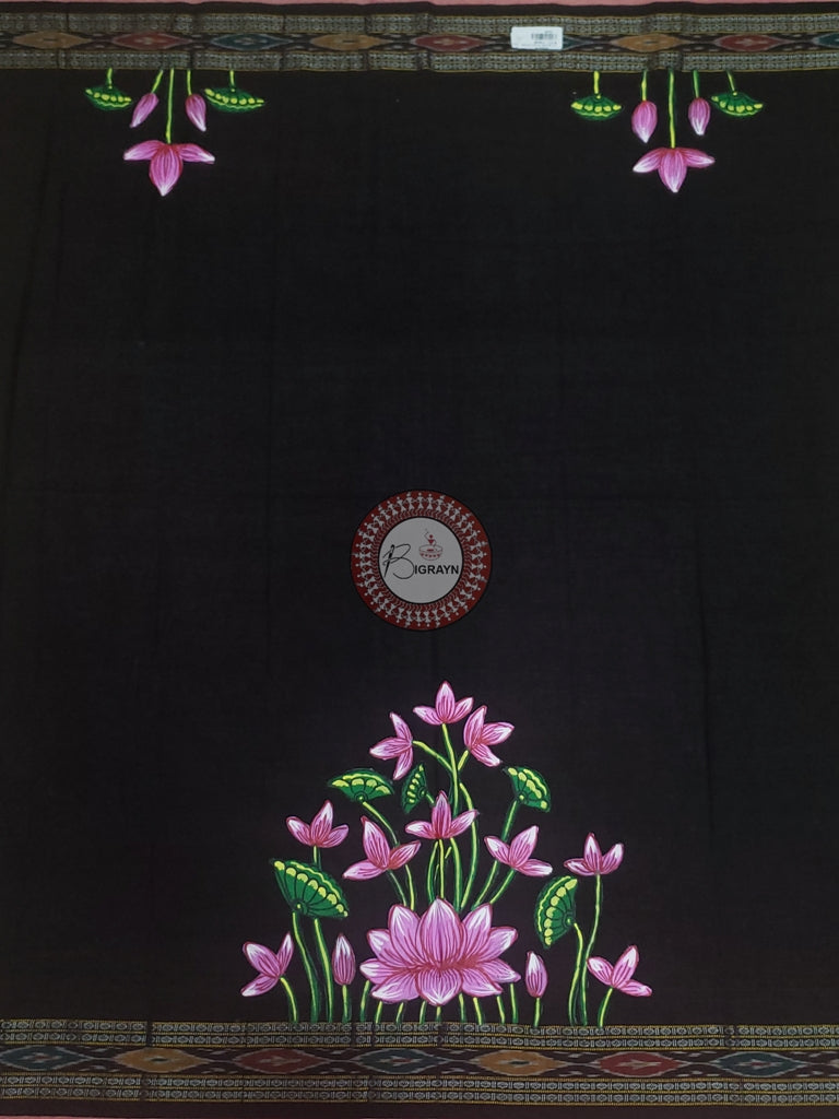 Black Lotus Theme Pattachitra Cotton Blouse Piece