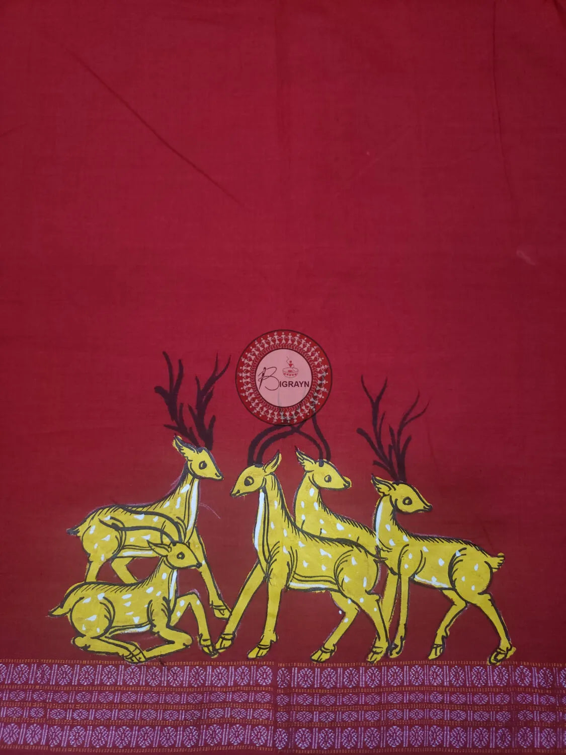 Maroon Deer Theme Pattachitra Cotton Blouse Piece