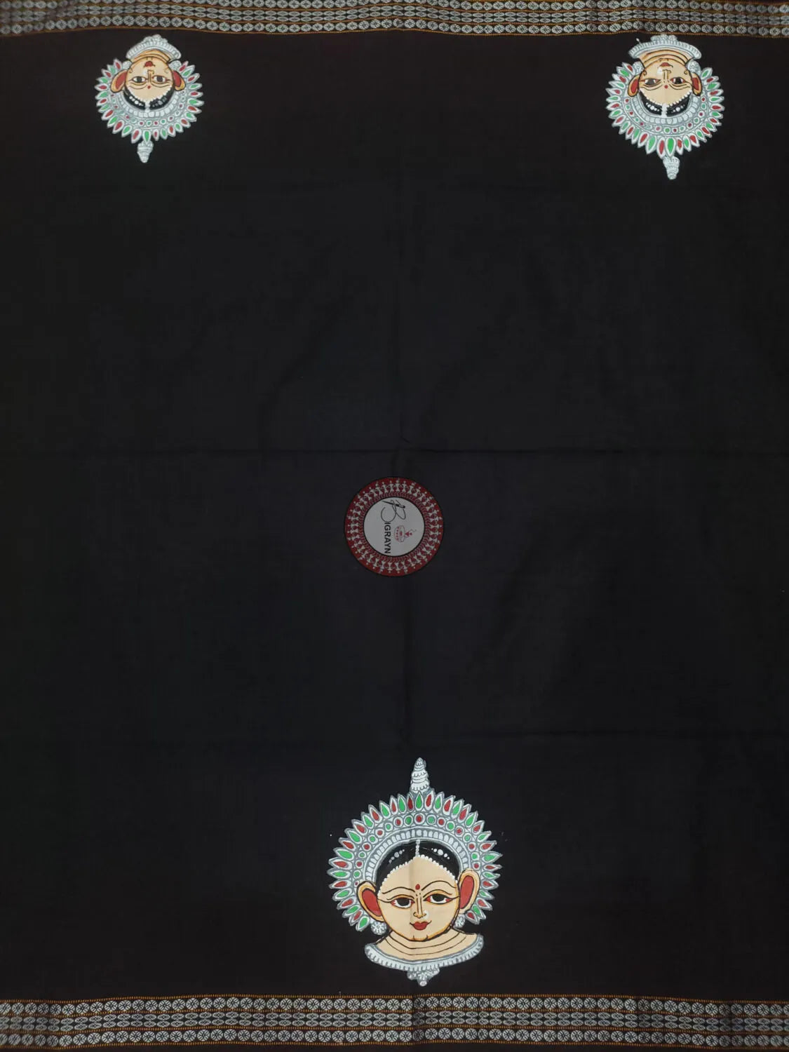 Black Odishi Dancer Face Theme Pattachitra Cotton Blouse Piece