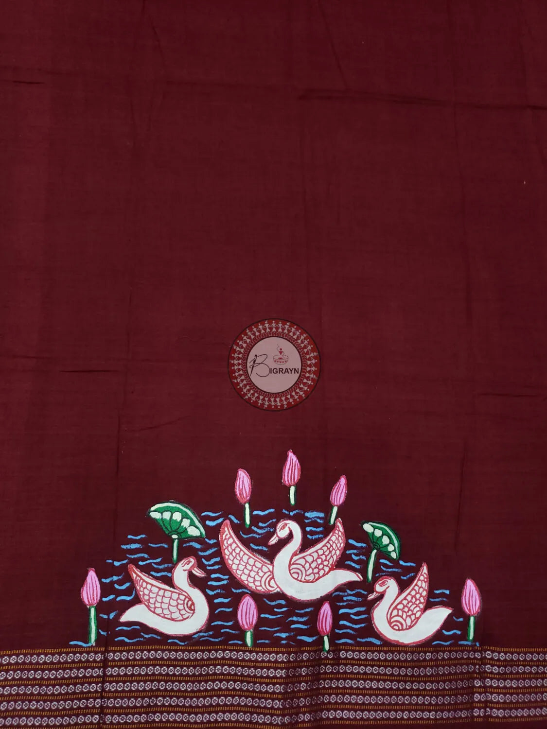 Maroon Swan Theme Pattachitra Cotton Blouse Piece