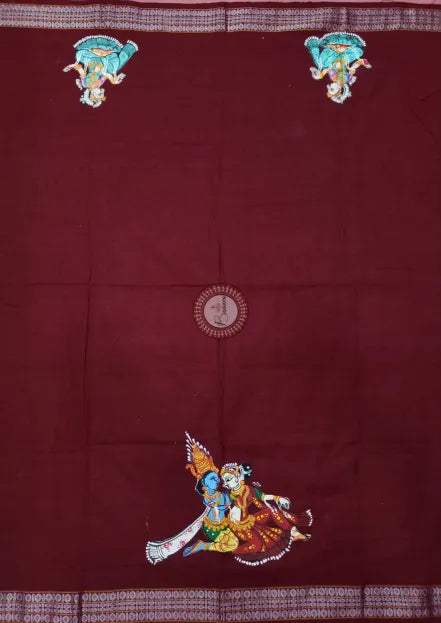 Maroon Radha Krishna Theme Pattachitra Cotton Blouse Piece