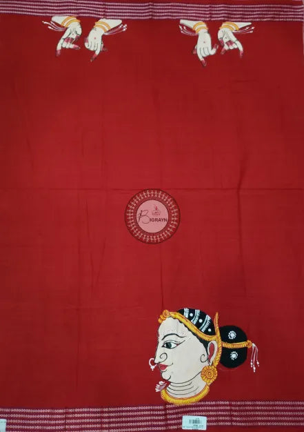 Red Odishi Mudra And Face Pattachitra Cotton Blouse Piece