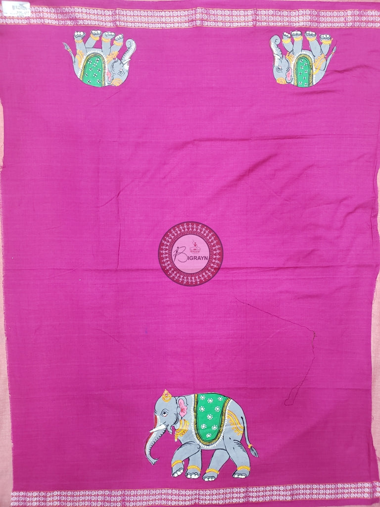 Magenta Elephant Theme Pattachitra Cotton Blouse Piece