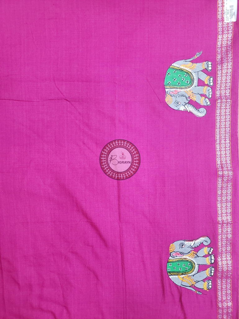 Magenta Elephant Theme Pattachitra Cotton Blouse Piece