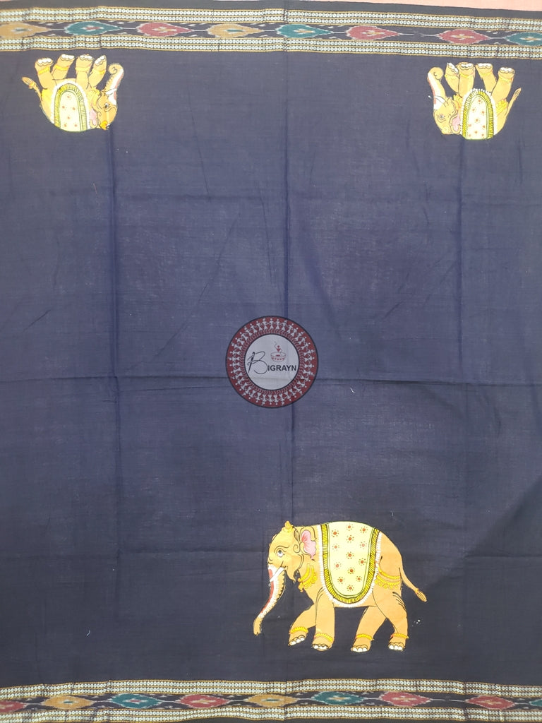 Black Elephant Theme Pattachitra Cotton Blouse Piece