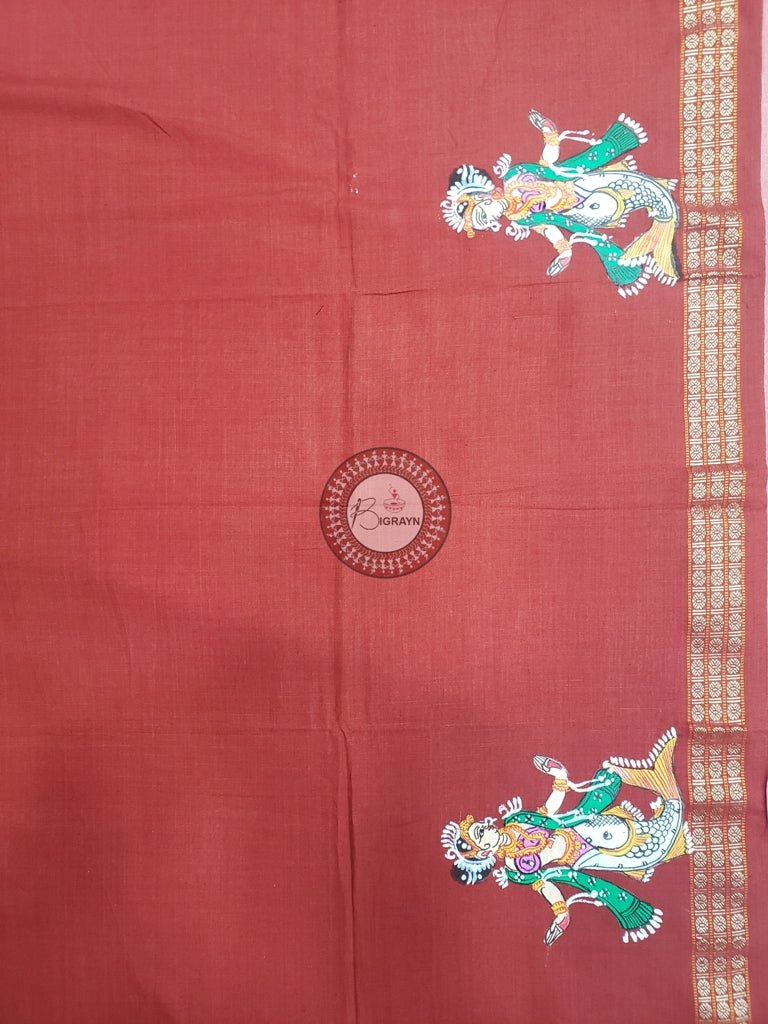 Red Adrushya Banshi Theme Pattachitra Cotton Blouse Piece