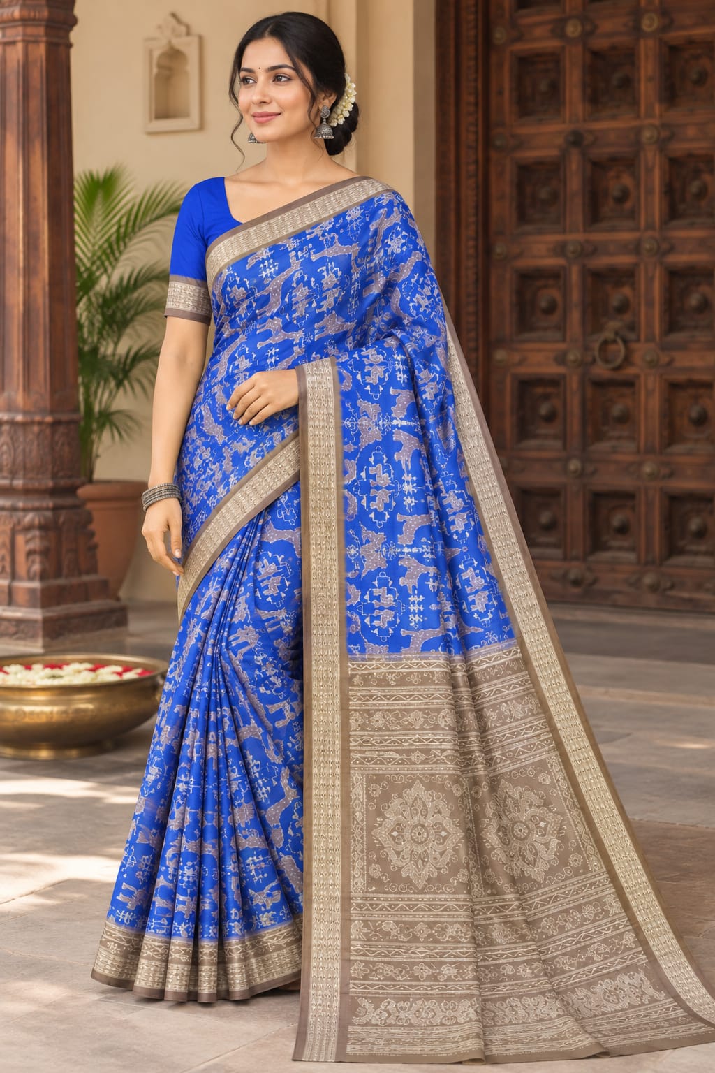 Royal Blue and Antique Bronze Animal Design Sambalpuri Silk Saree