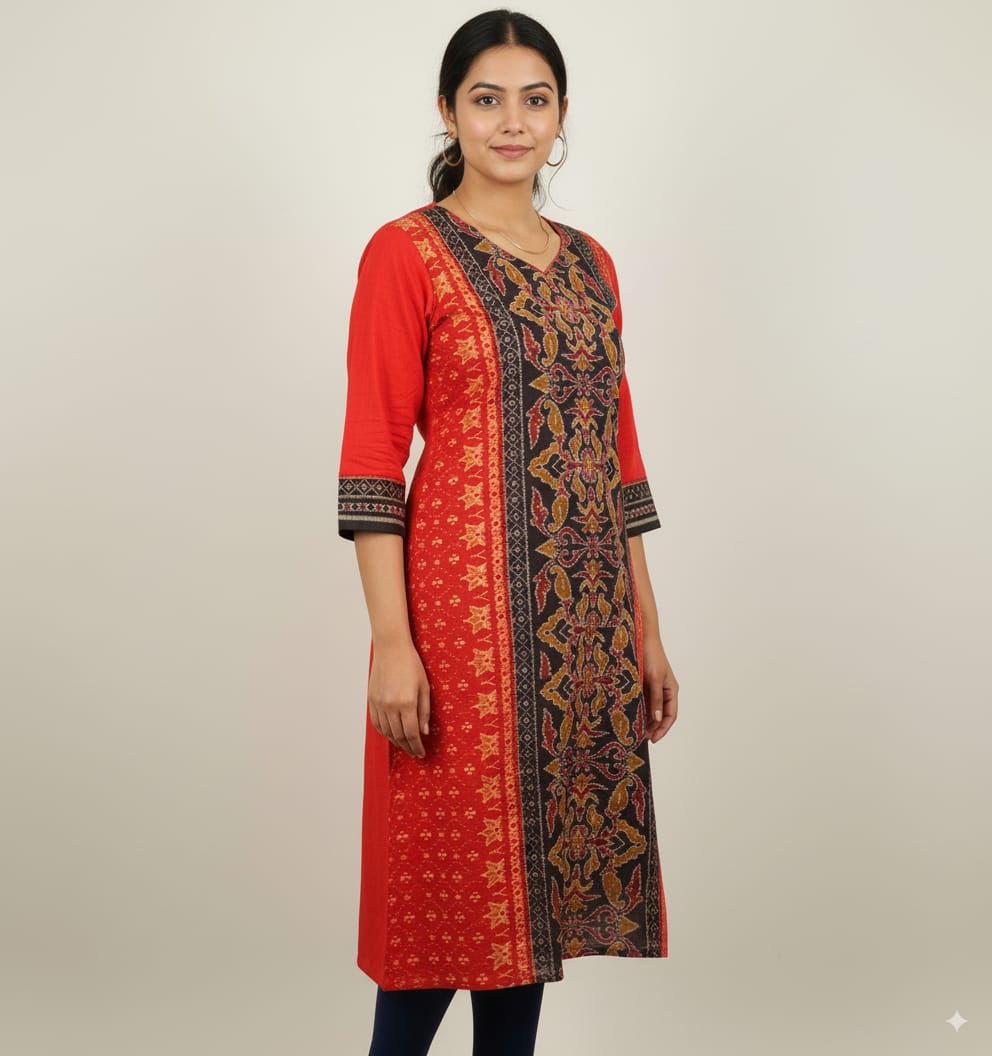 Red Black Flower Design Single Side Designer A-Line Kurti