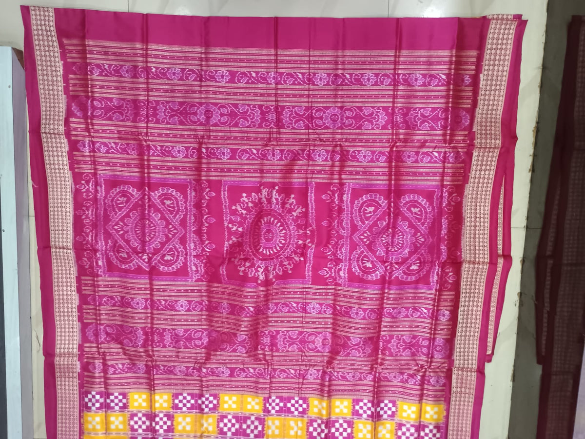 Yellow and Rani Pink Handwoven Sambalpuri Vichitrapuri Bomkai Silk Saree