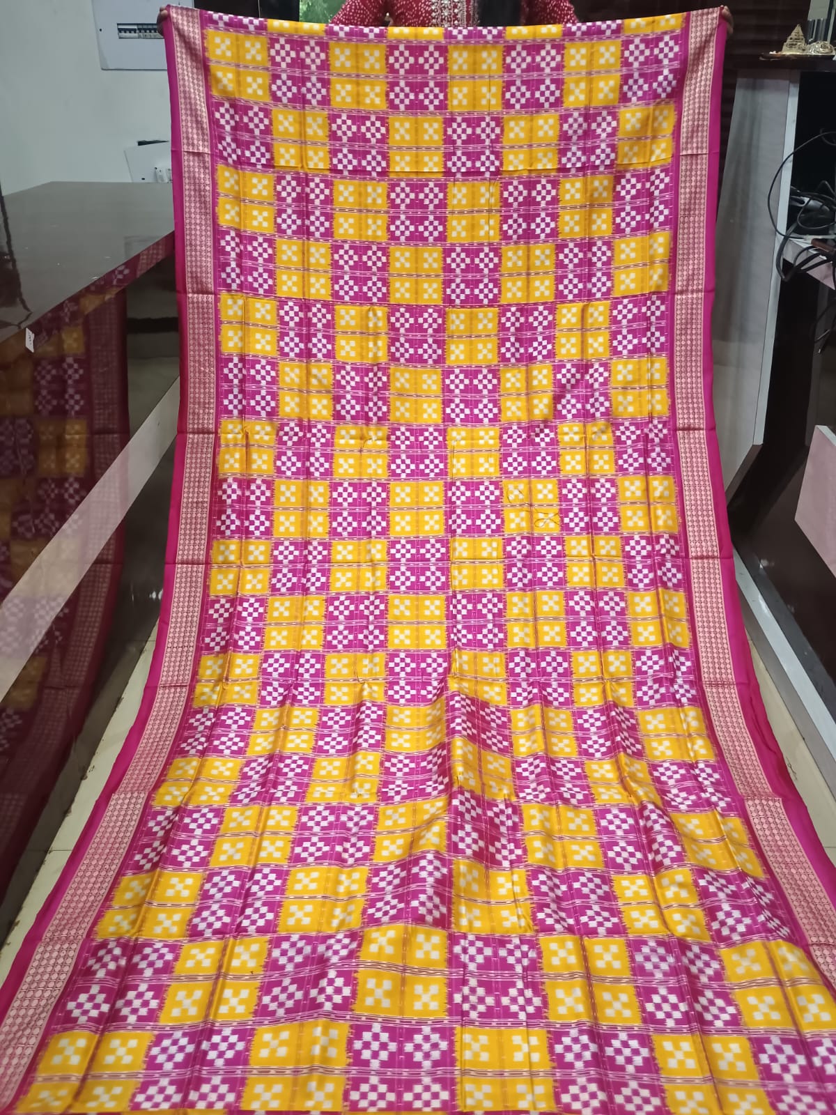 Yellow and Rani Pink Handwoven Sambalpuri Vichitrapuri Bomkai Silk Saree