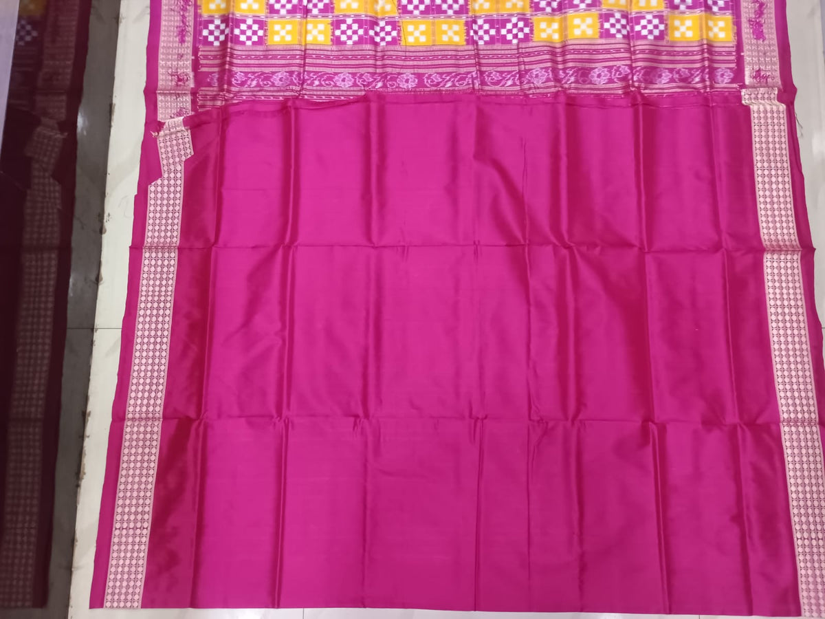 Yellow and Rani Pink Handwoven Sambalpuri Vichitrapuri Bomkai Silk Saree