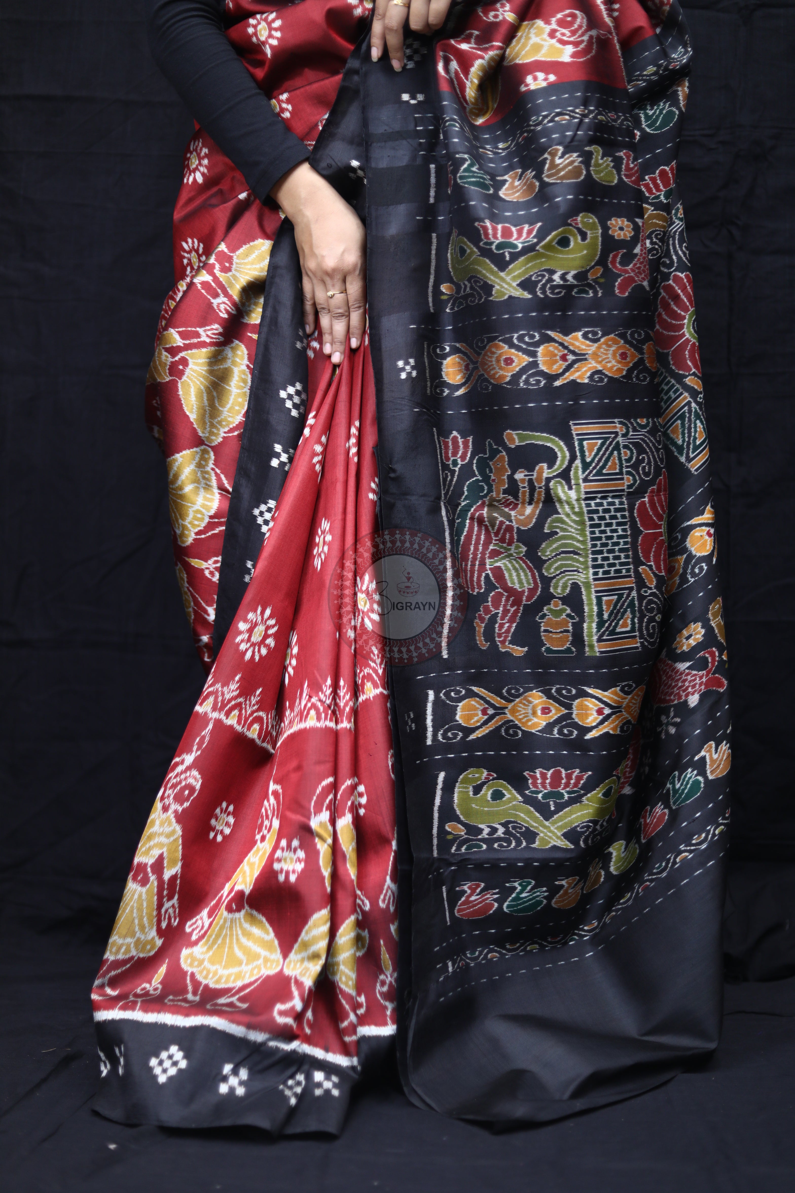 Maroon Black Dancers Scot Flower Mulberry Silk Saree
