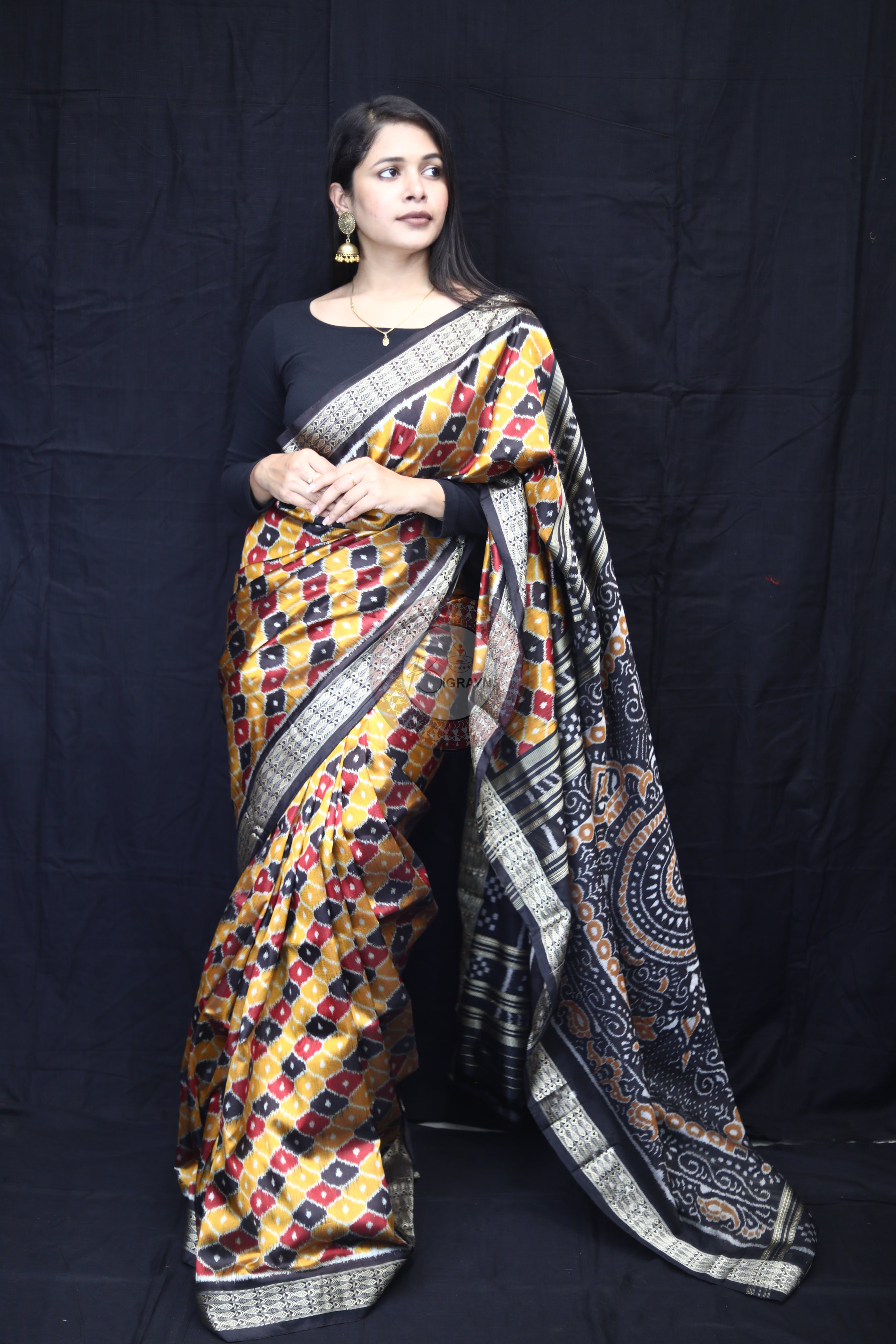 Golden Black Maroon Beehive Mulberry Silk Saree