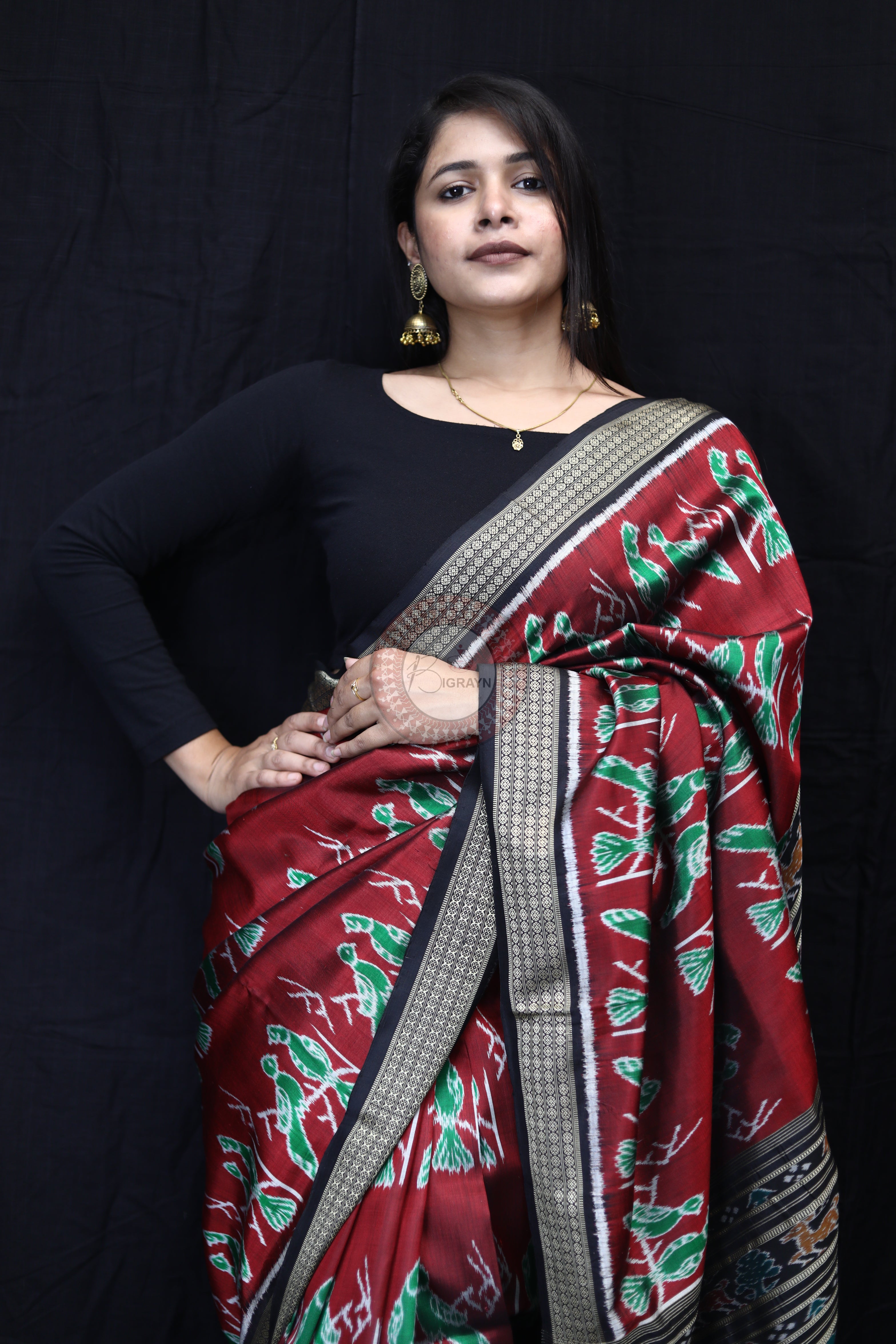 Maroon Black Dual Birds Mulberry Silk Saree
