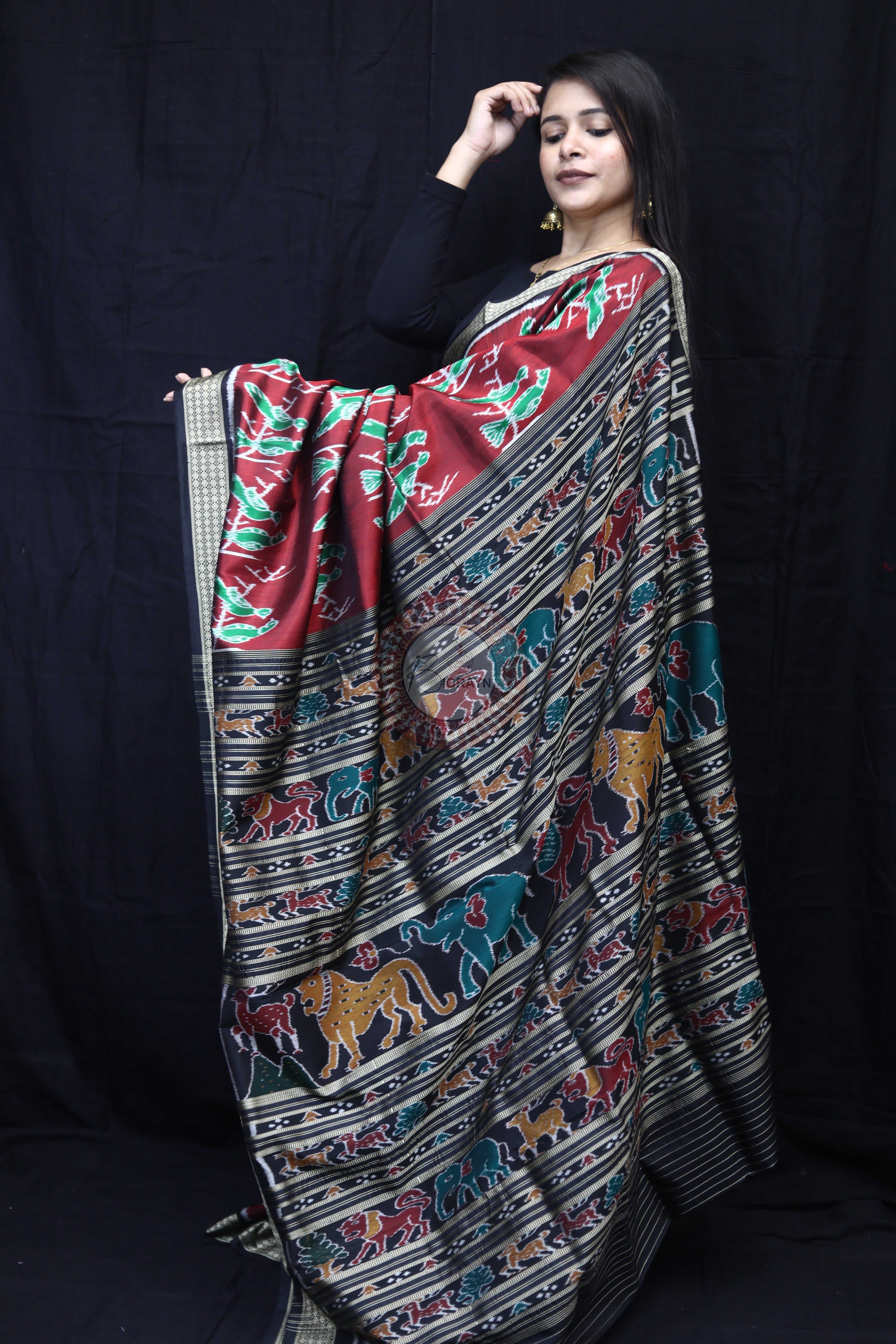 Maroon Black Dual Birds Mulberry Silk Saree