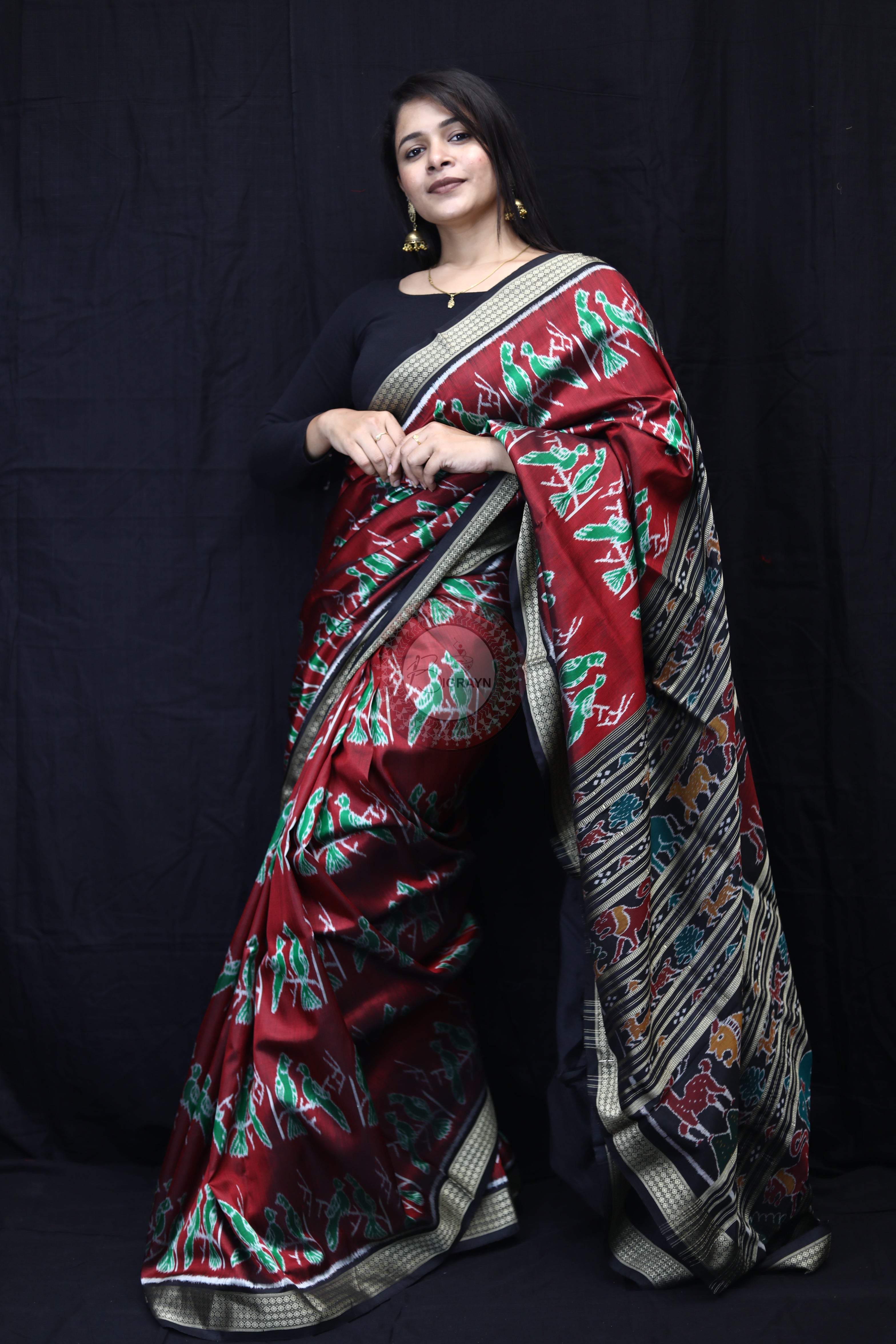 Maroon Black Dual Birds Mulberry Silk Saree