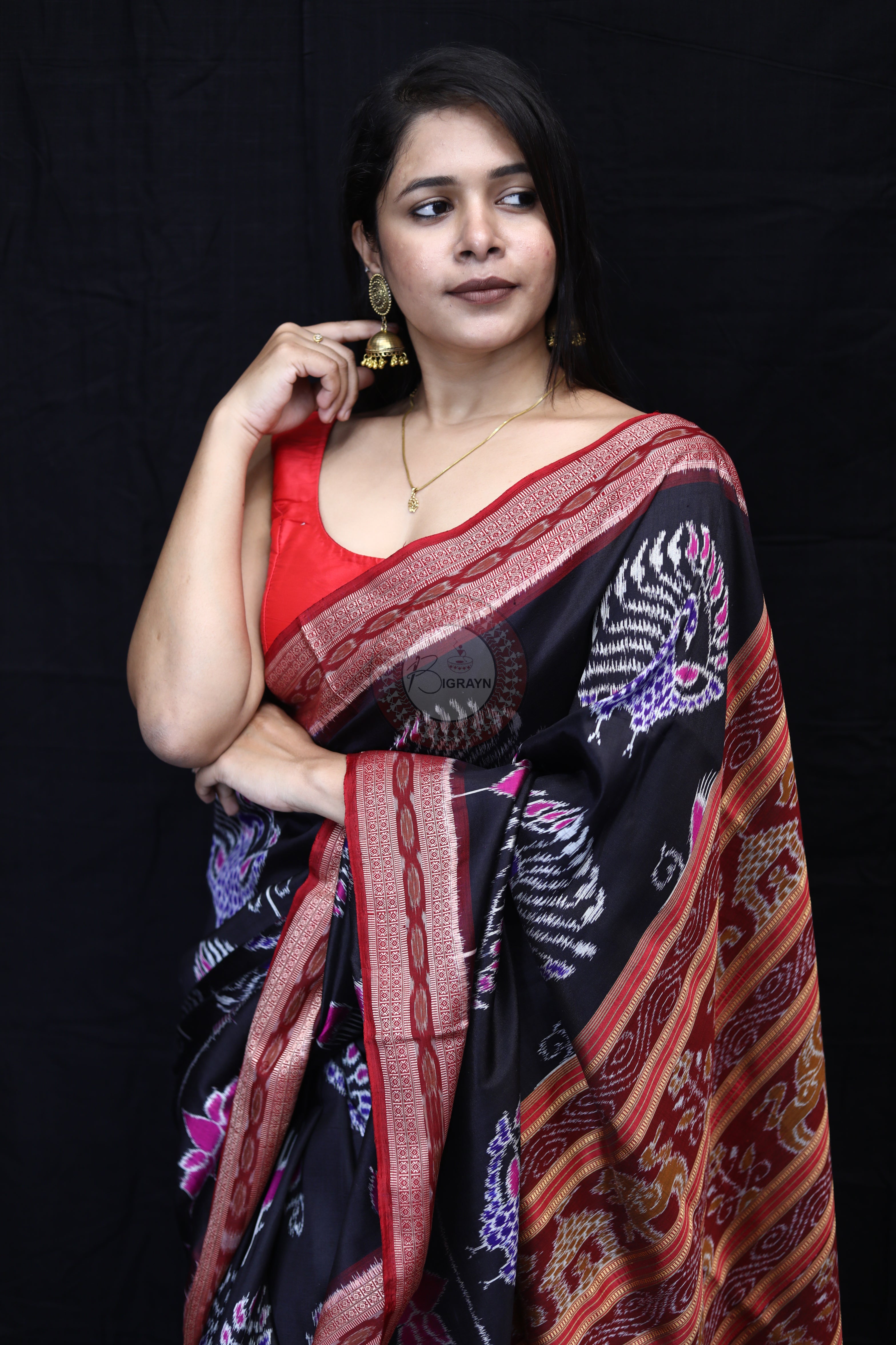 Black Maroon Peacock Lotus Mulberry Silk Saree