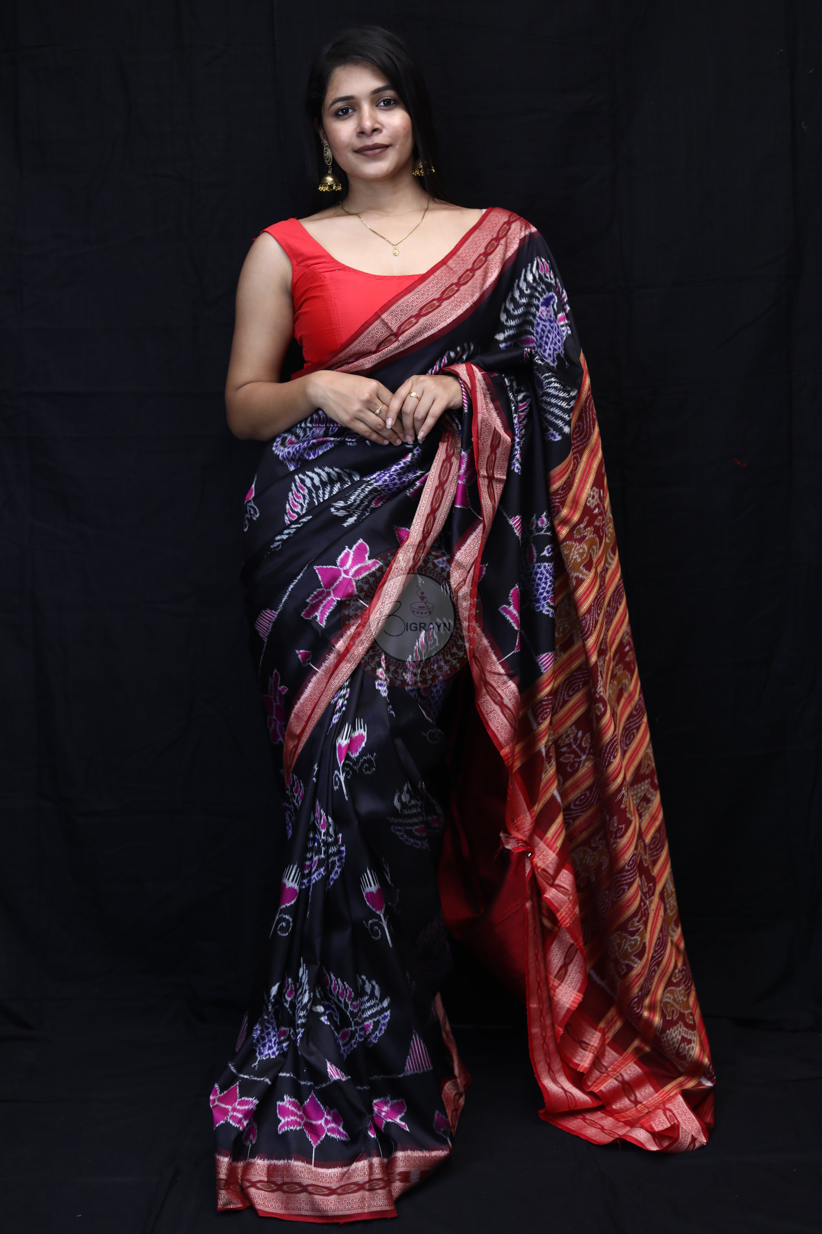 Black Maroon Peacock Lotus Mulberry Silk Saree