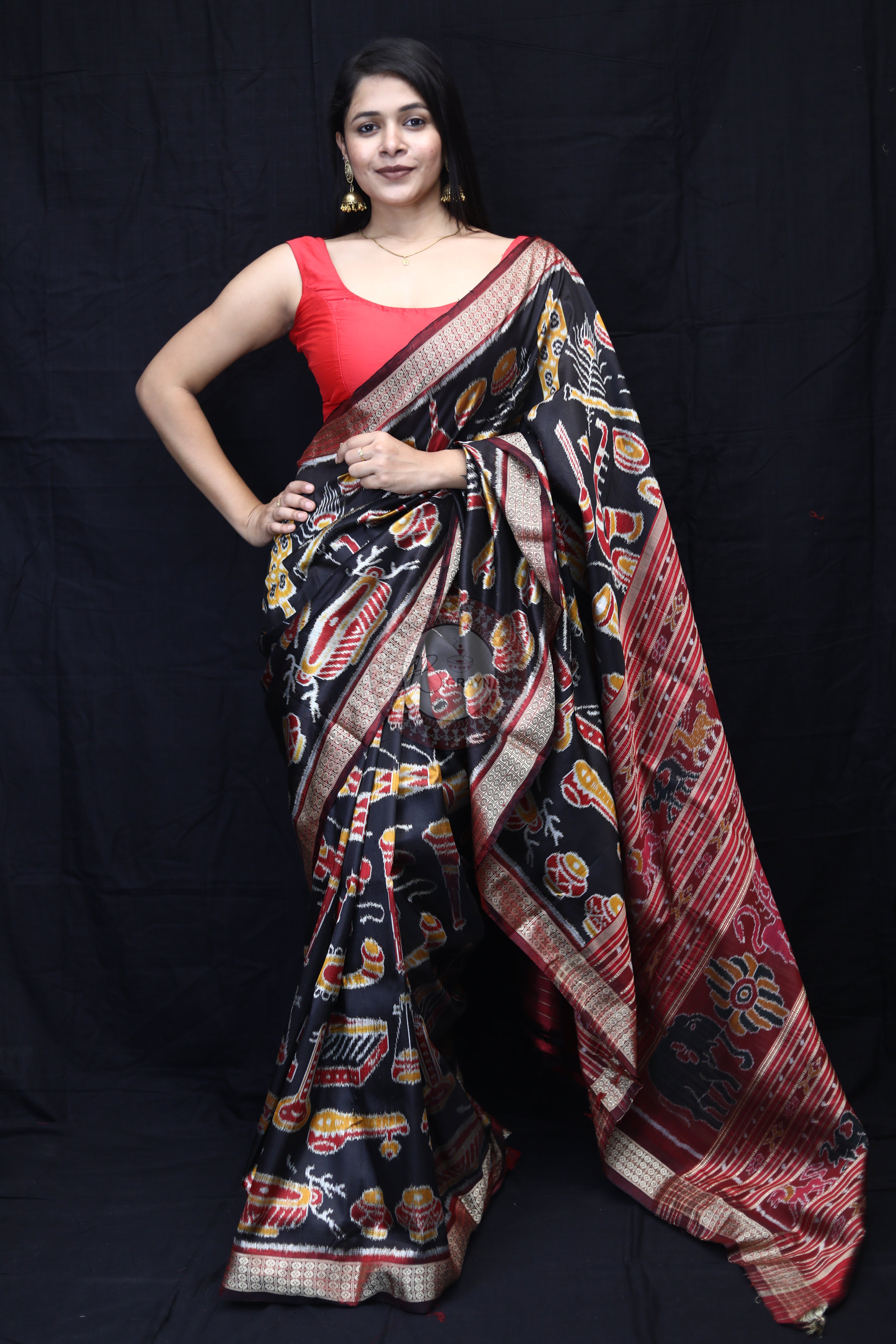 Black Maroon Musical Instruments Mulberry Silk Saree