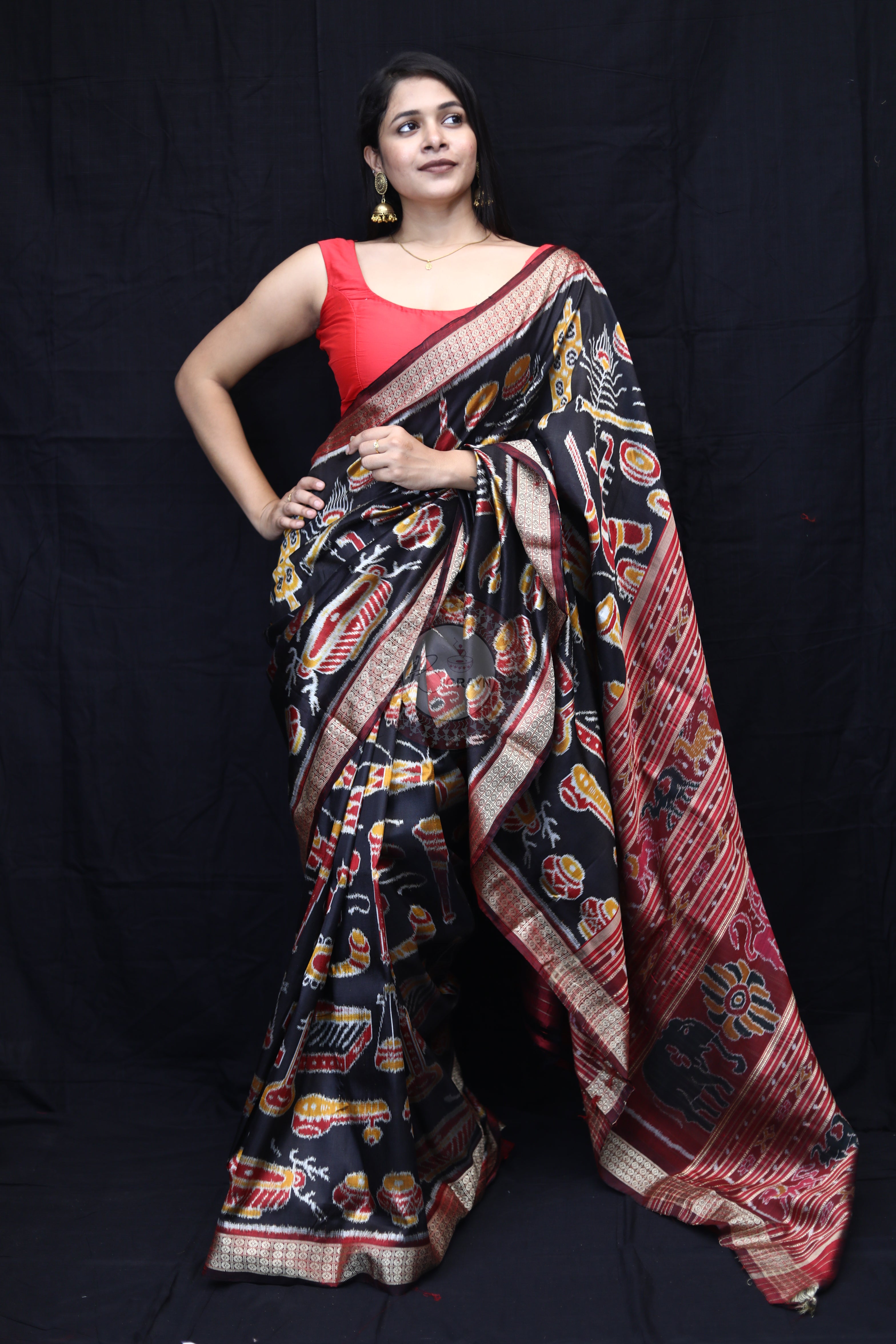 Black Maroon Musical Instruments Mulberry Silk Saree