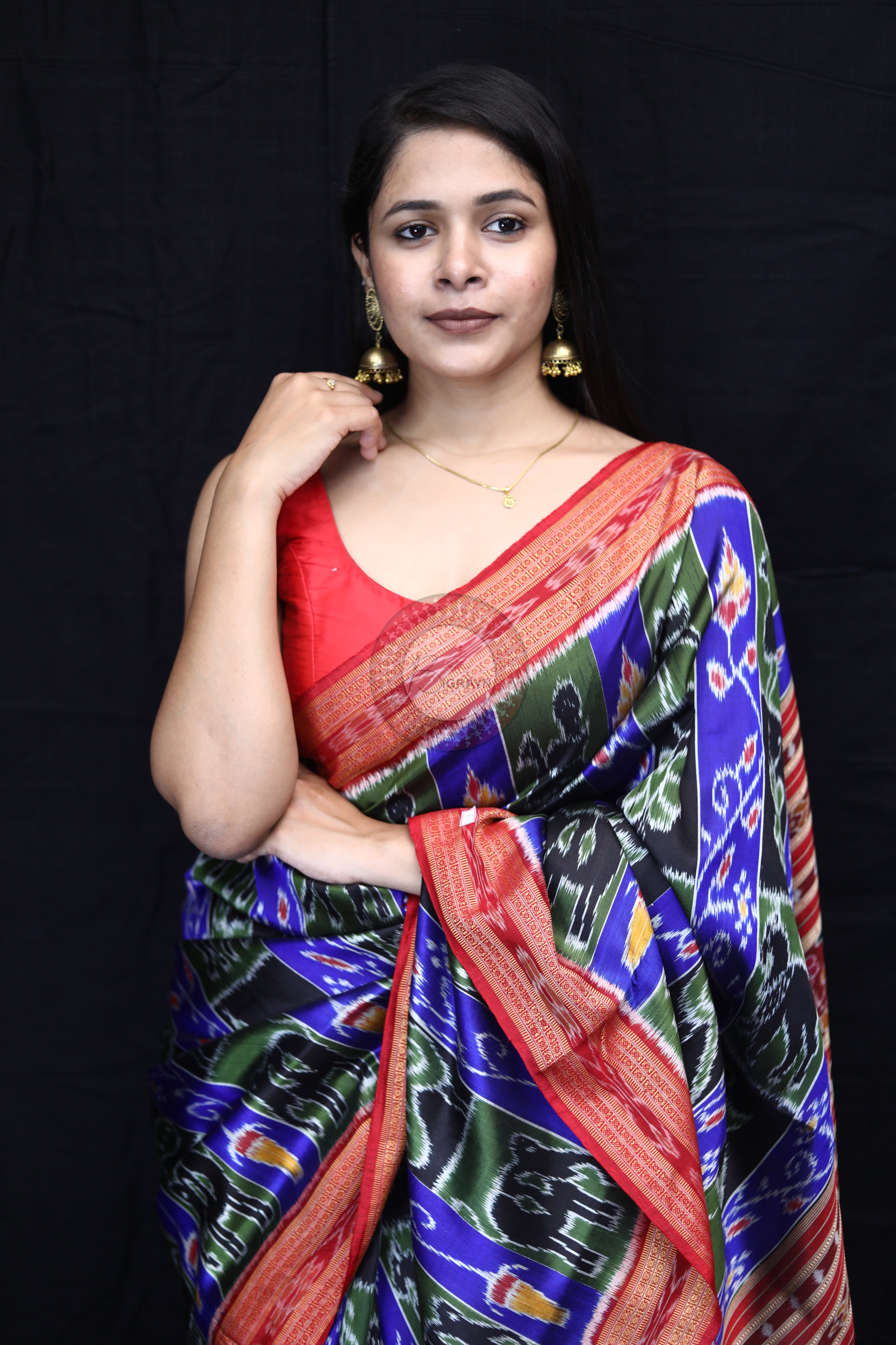 Blue Red Black Mehndi Animal Bandha Mulberry Silk Saree