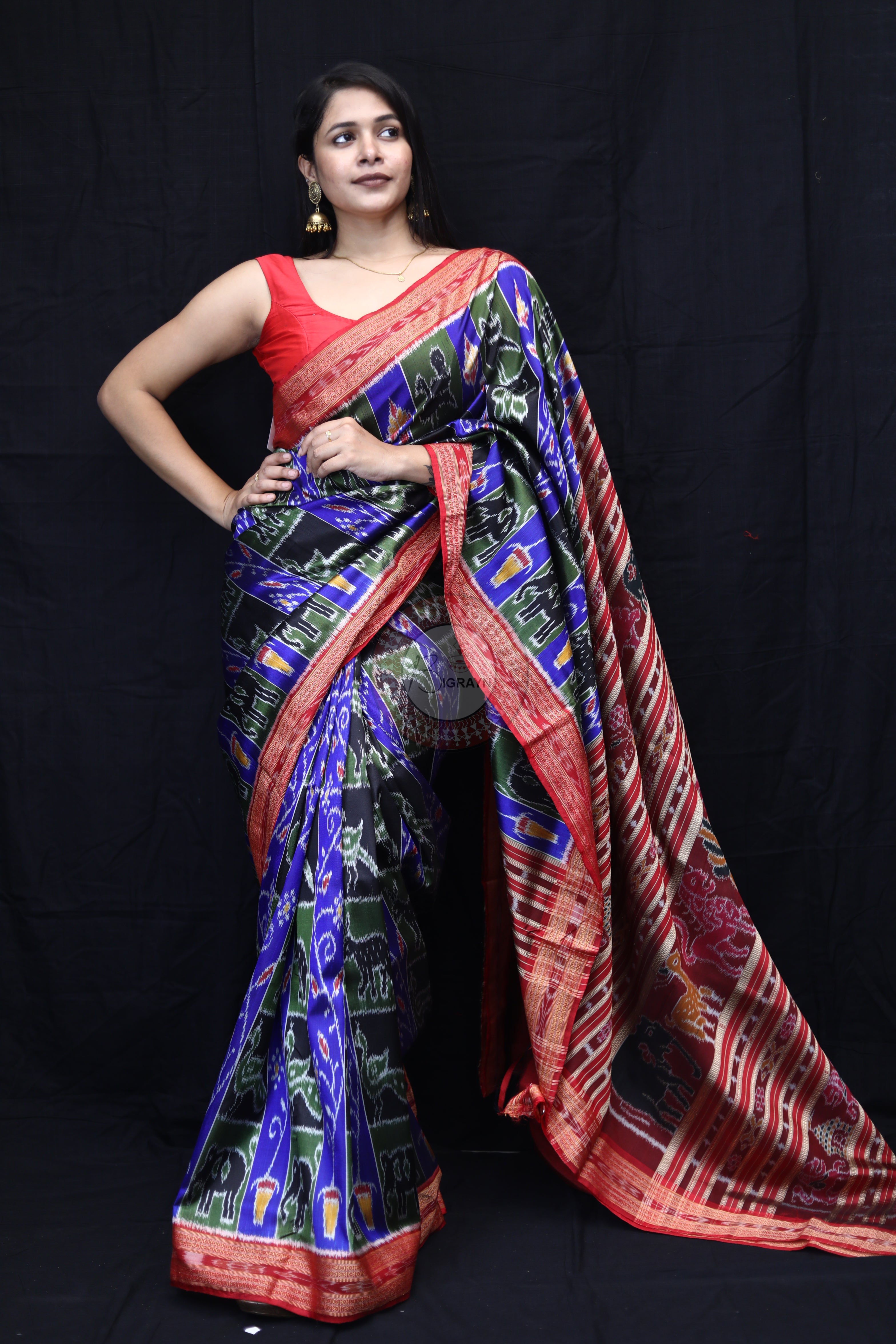 Blue Red Black Mehndi Animal Bandha Mulberry Silk Saree