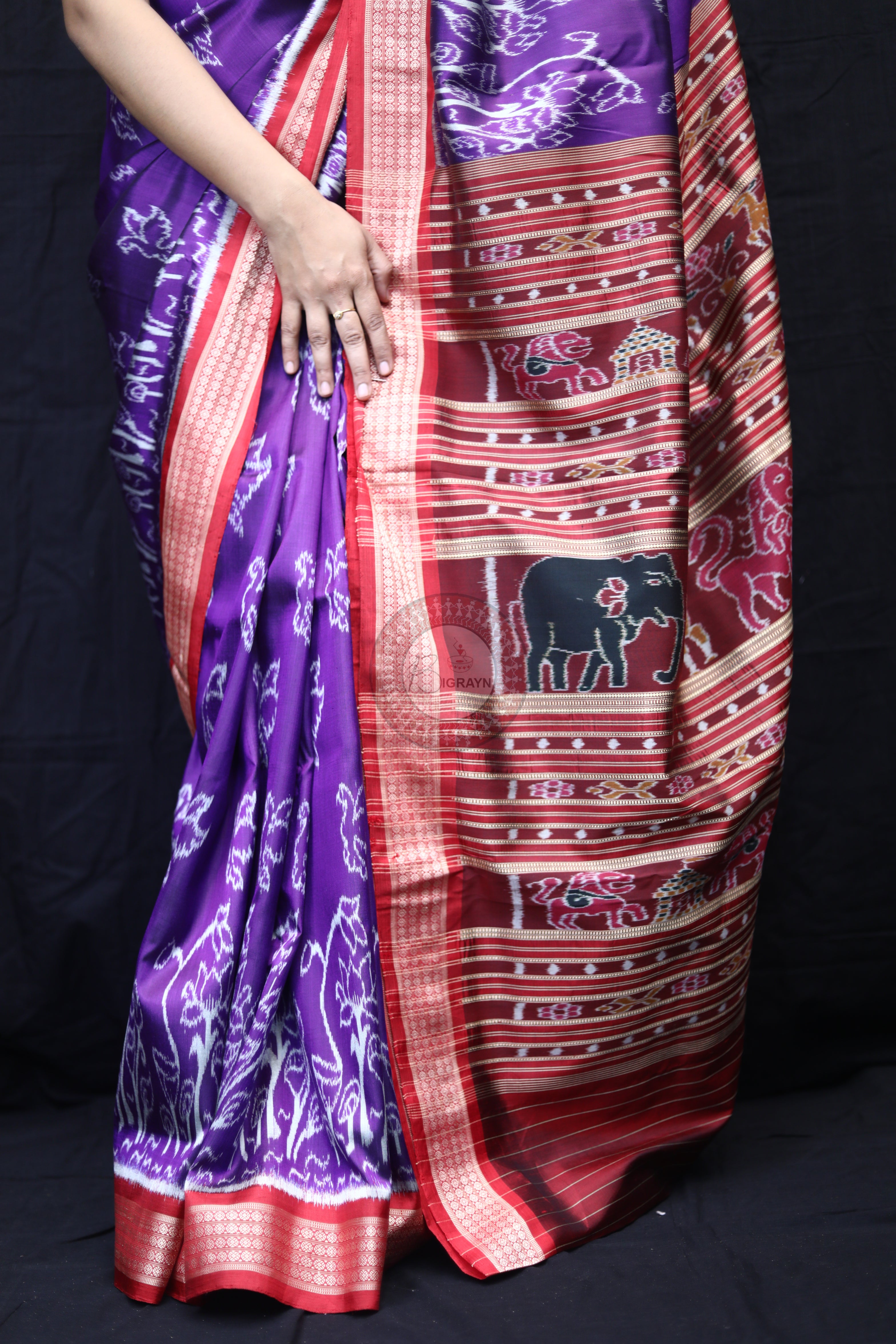 Purple Red Birds Mulberry Silk Saree