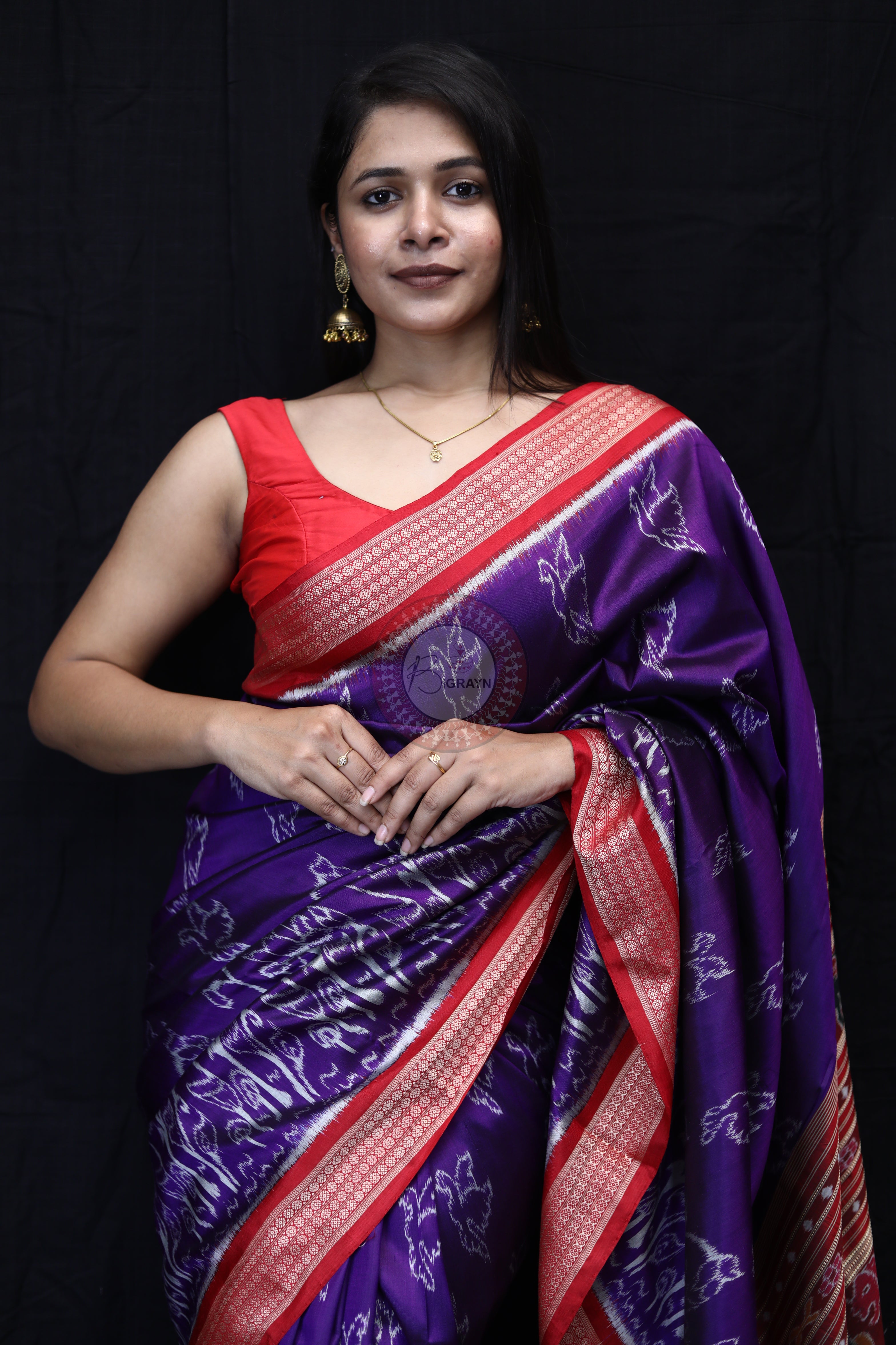 Purple Red Birds Mulberry Silk Saree