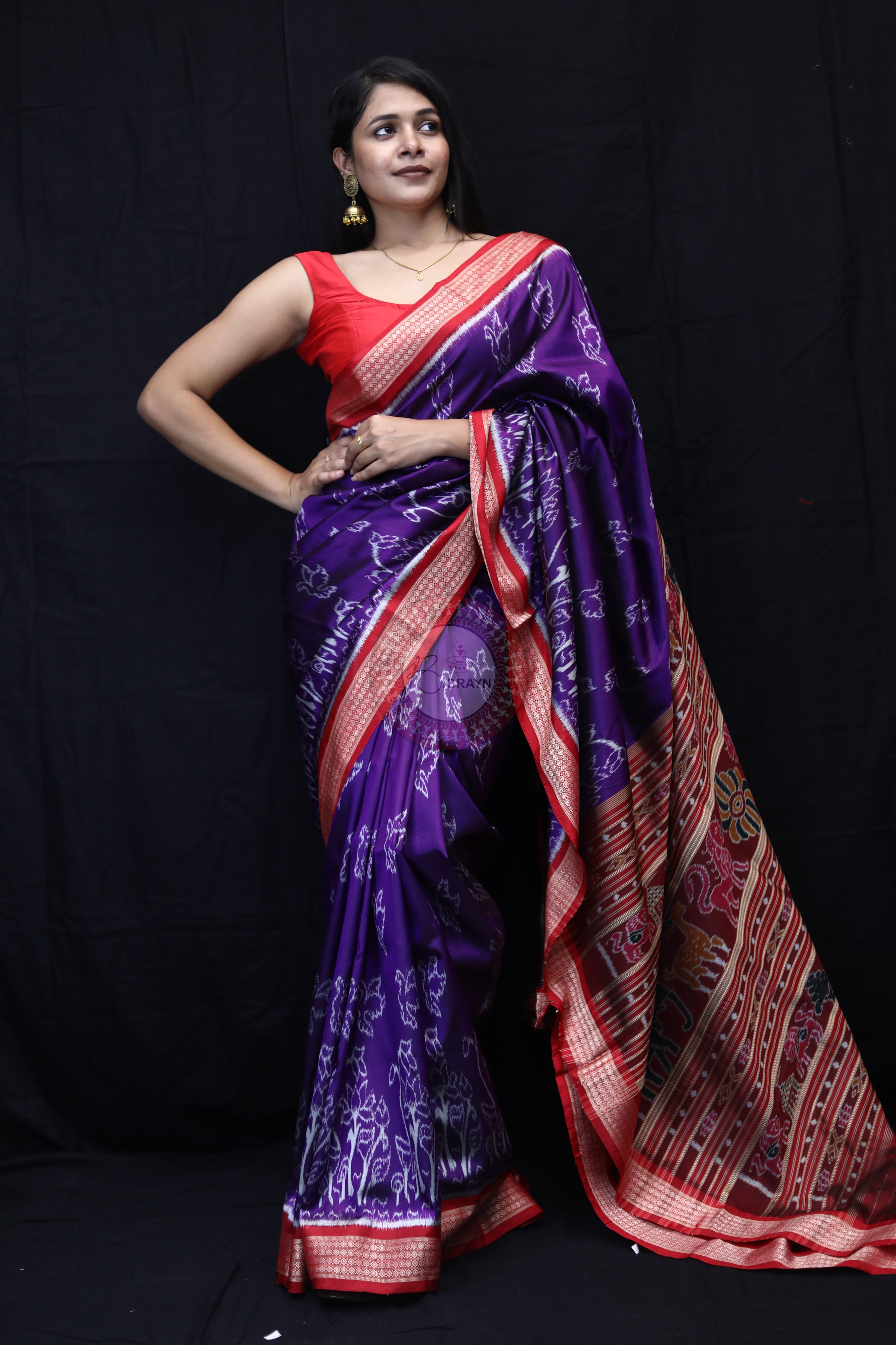 Purple Red Birds Mulberry Silk Saree