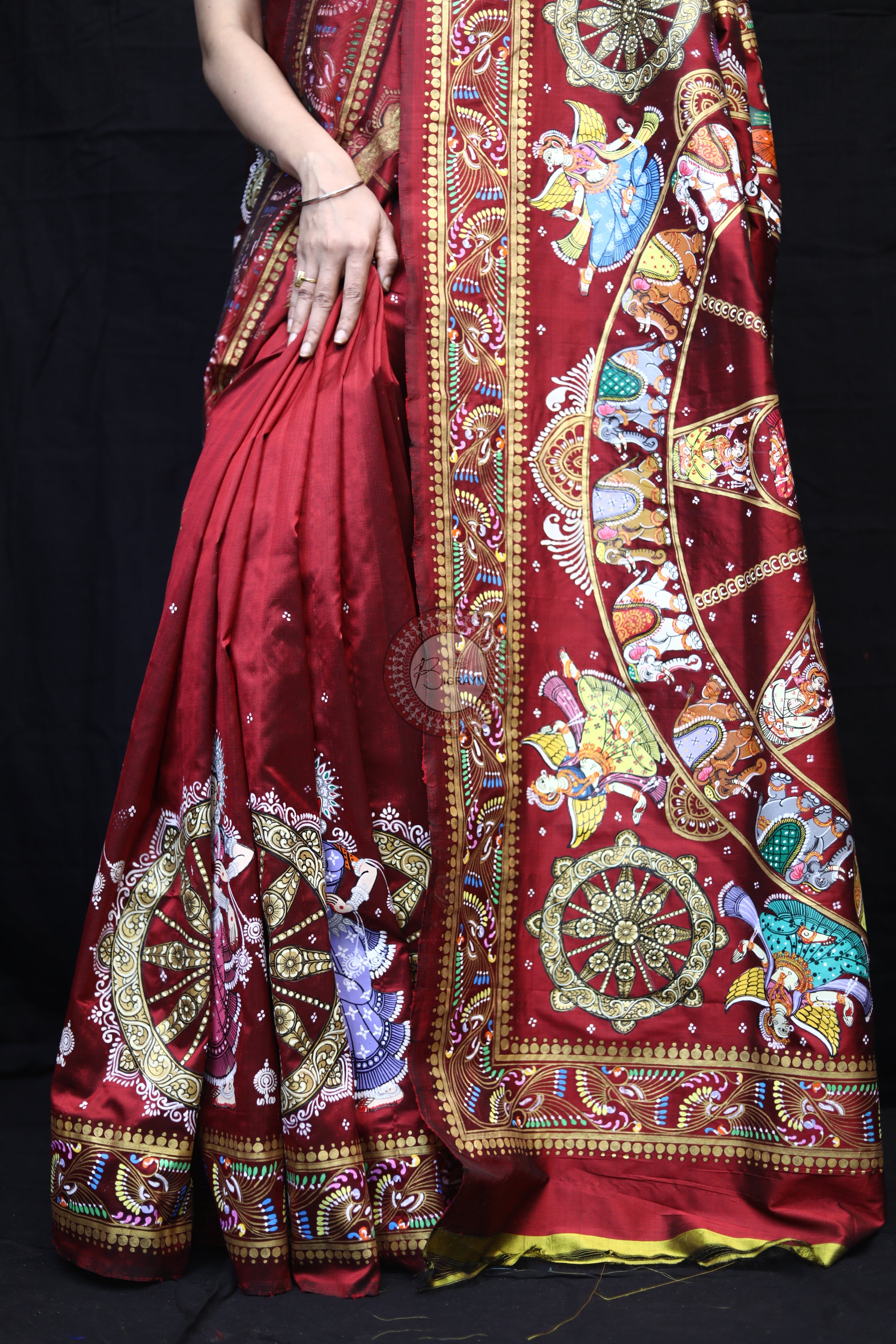 Maroon Konark Chakra Pattachitra Silk Saree