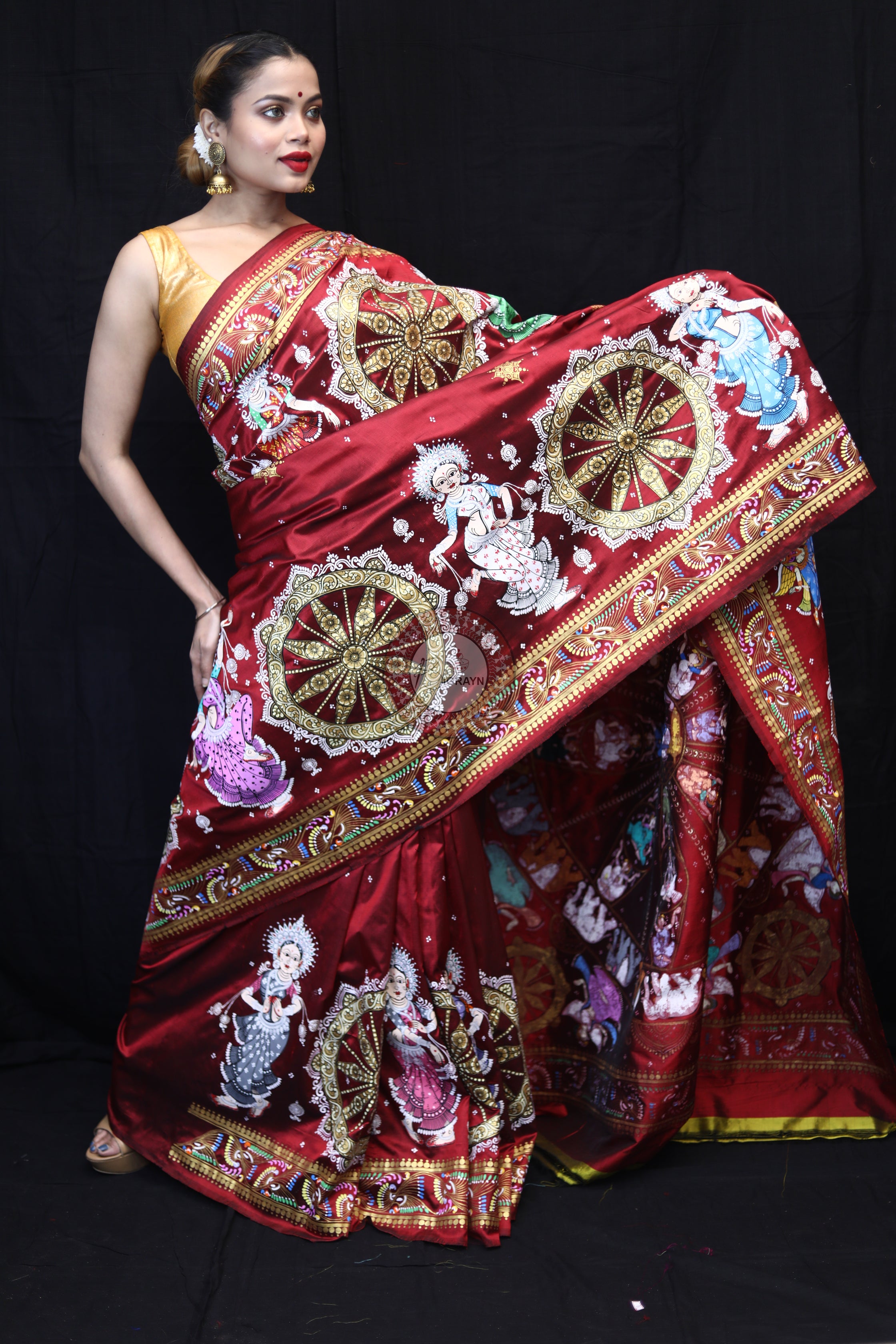 Maroon Konark Chakra Pattachitra Silk Saree