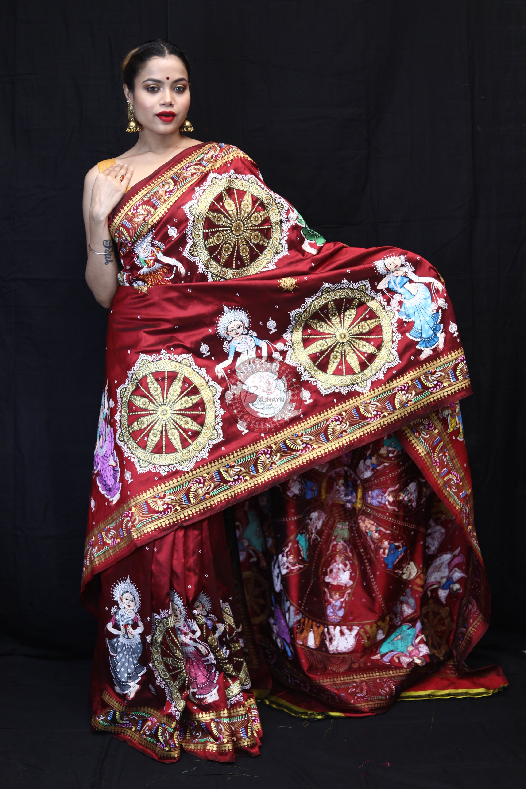 Maroon Konark Chakra Pattachitra Silk Saree