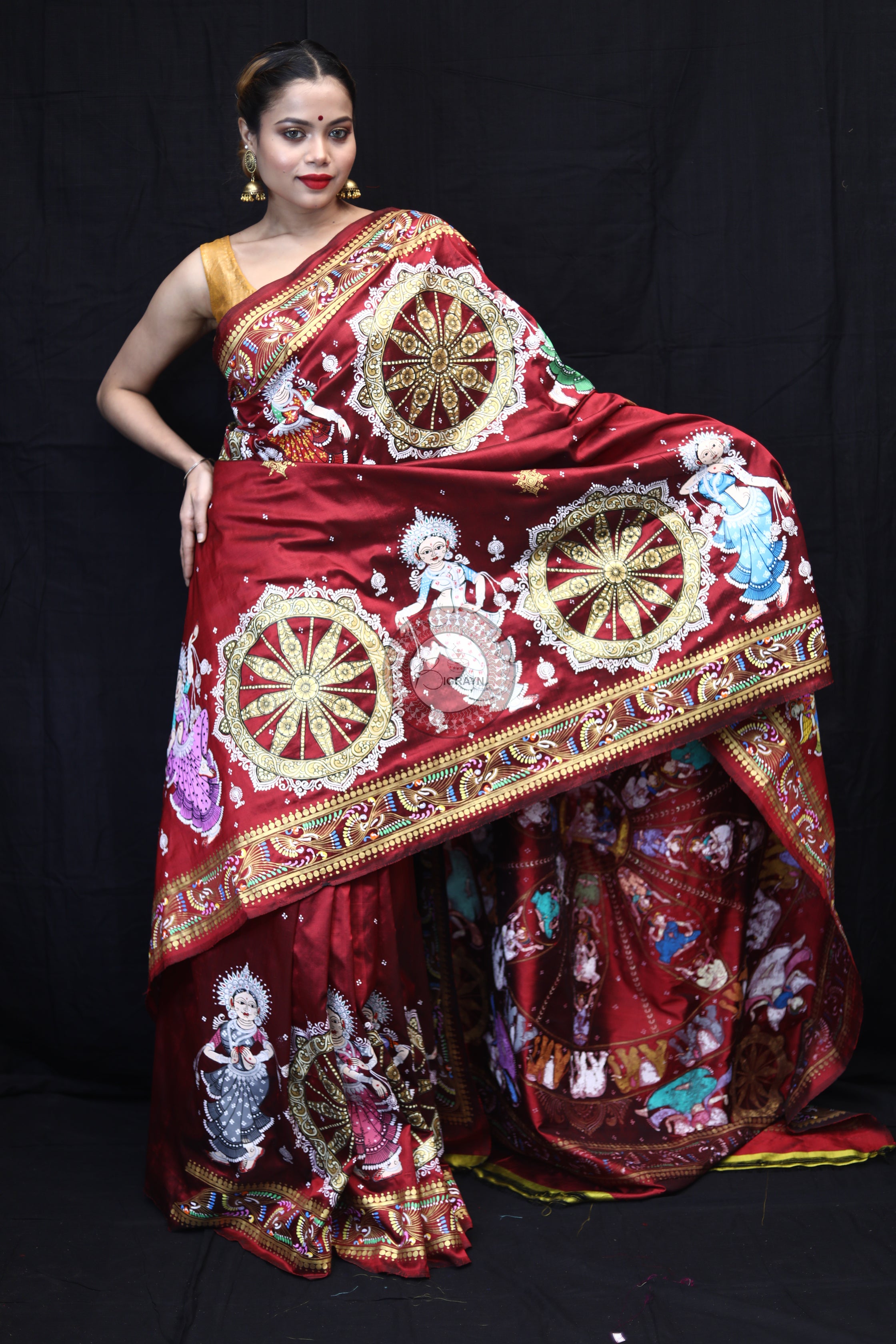 Maroon Konark Chakra Pattachitra Silk Saree