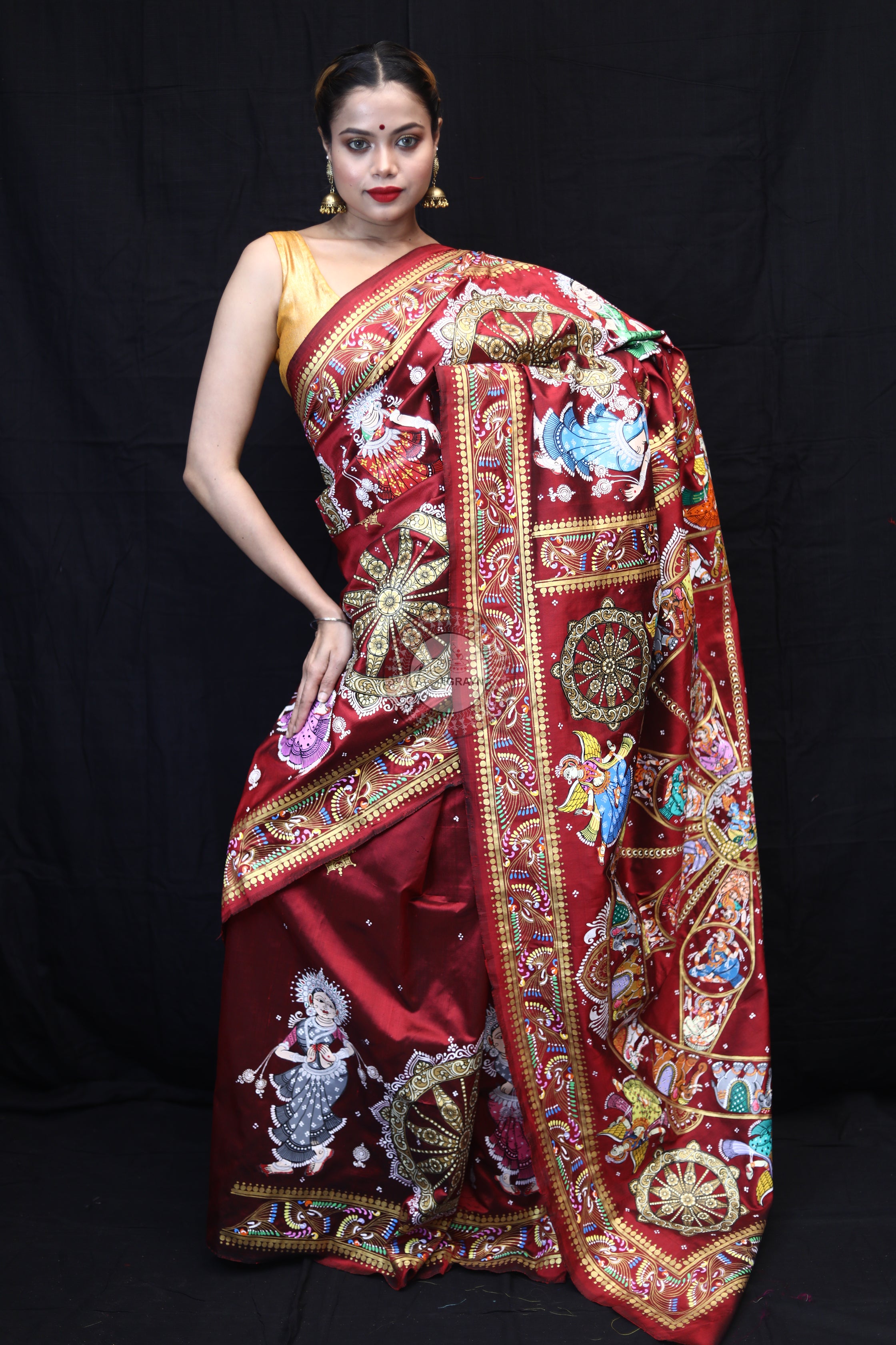 Maroon Konark Chakra Pattachitra Silk Saree