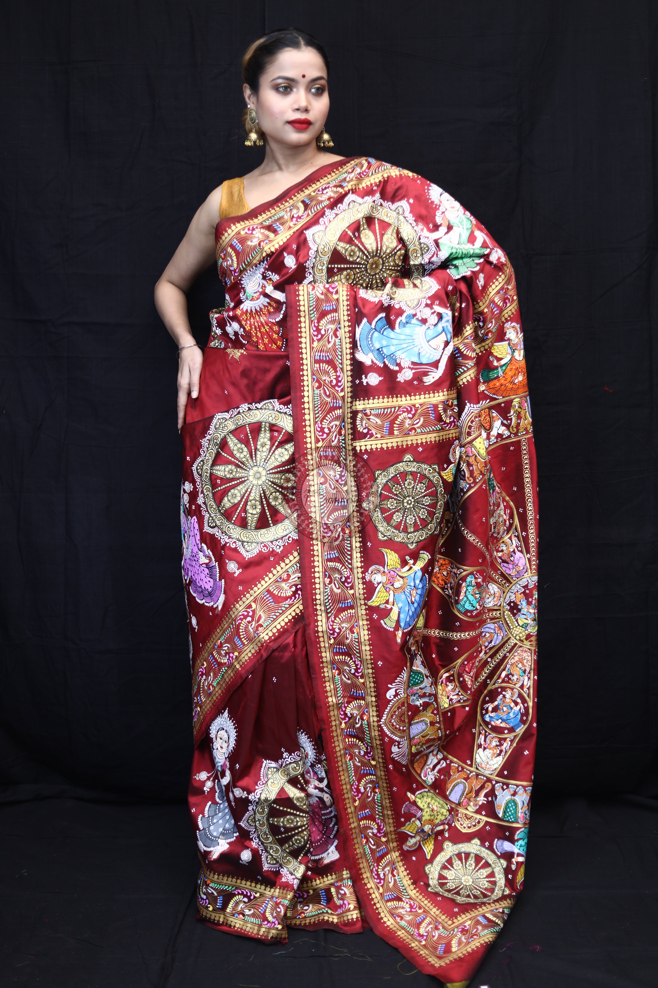 Maroon Konark Chakra Pattachitra Silk Saree