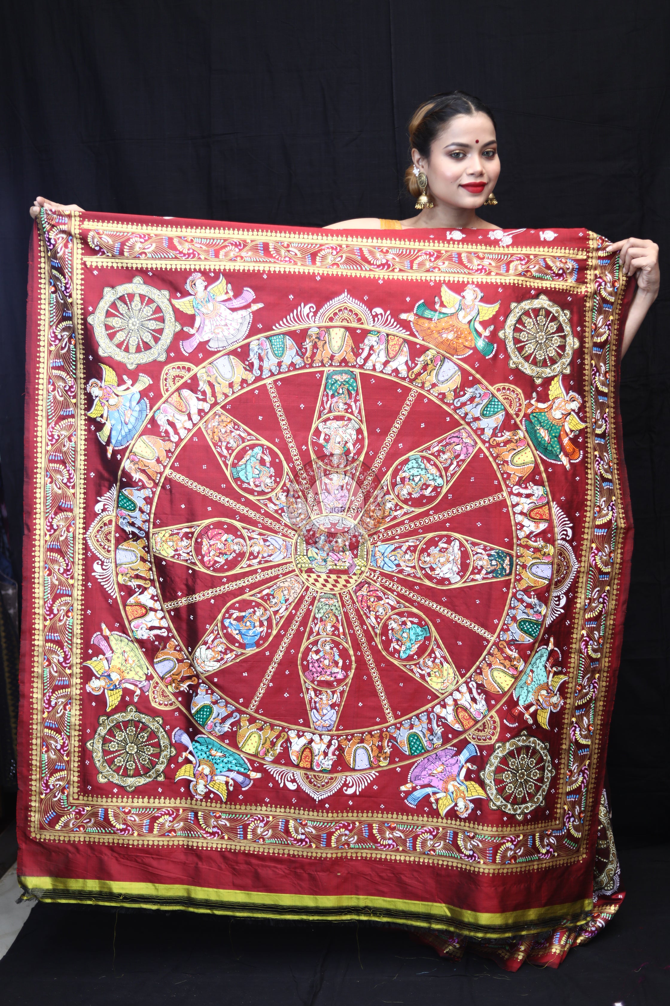 Maroon Konark Chakra Pattachitra Silk Saree