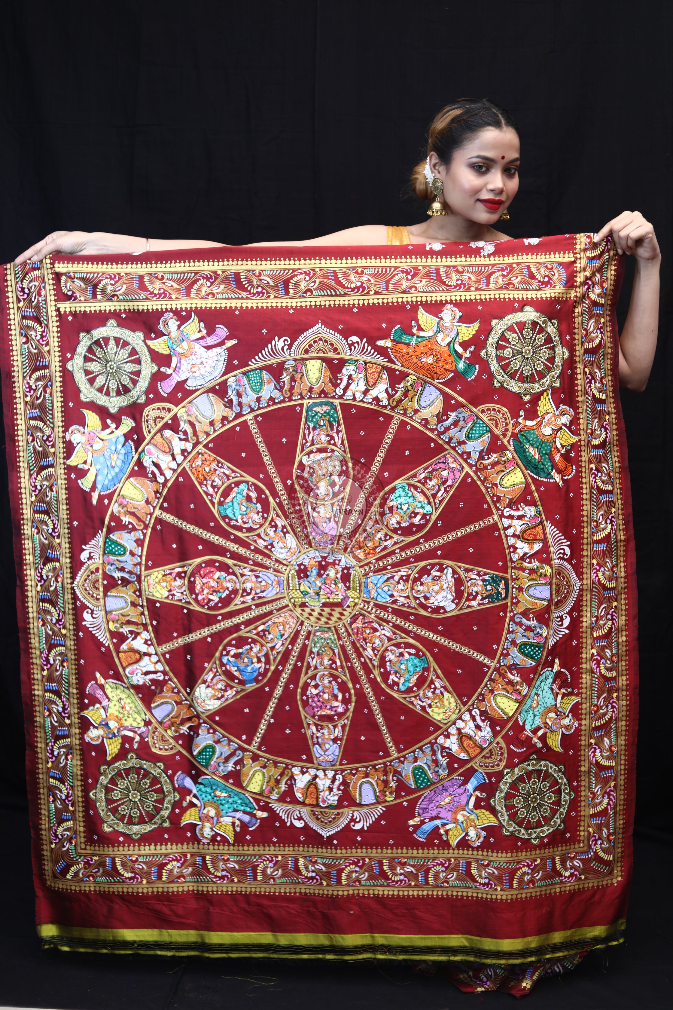Maroon Konark Chakra Pattachitra Silk Saree
