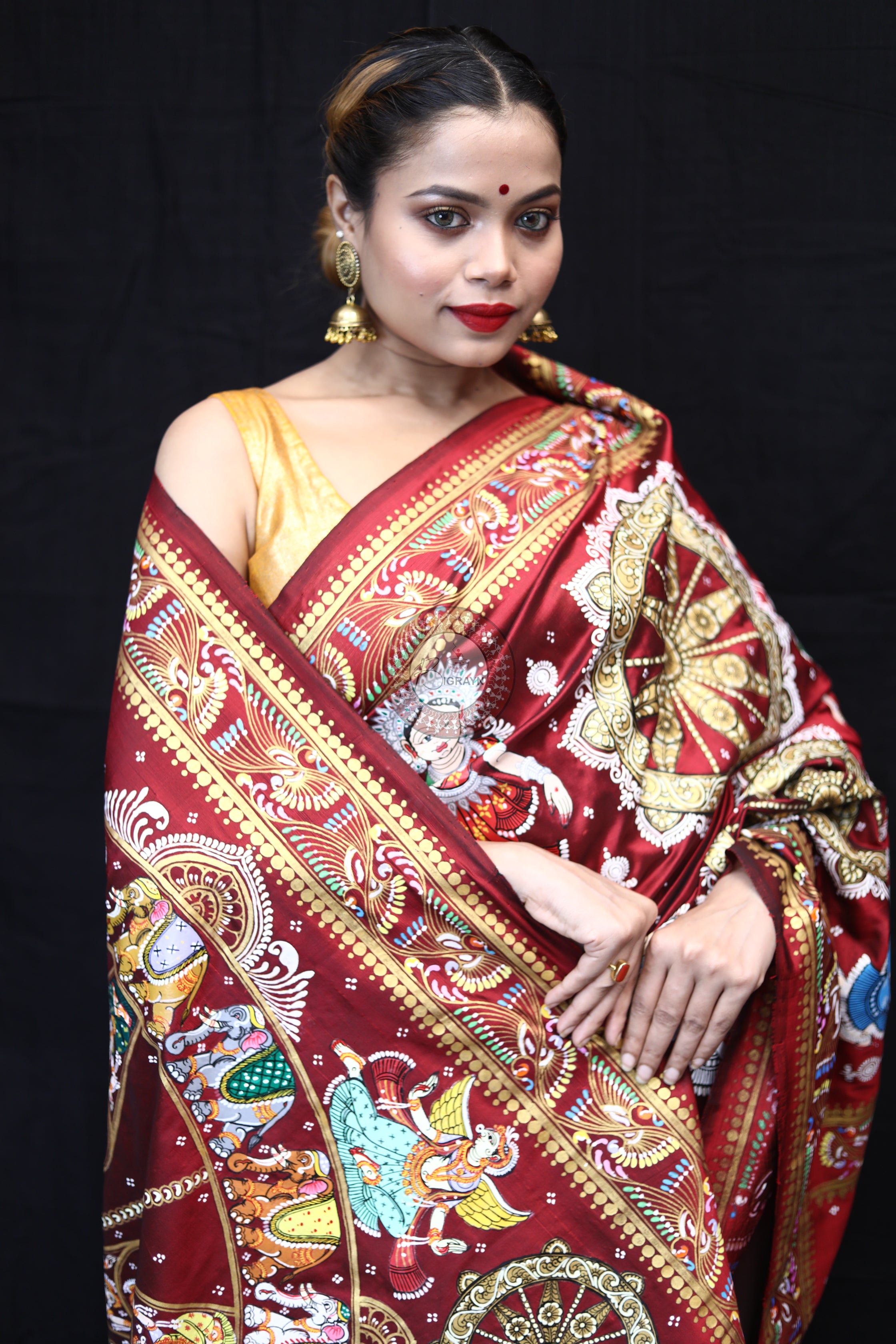 Maroon Konark Chakra Pattachitra Silk Saree