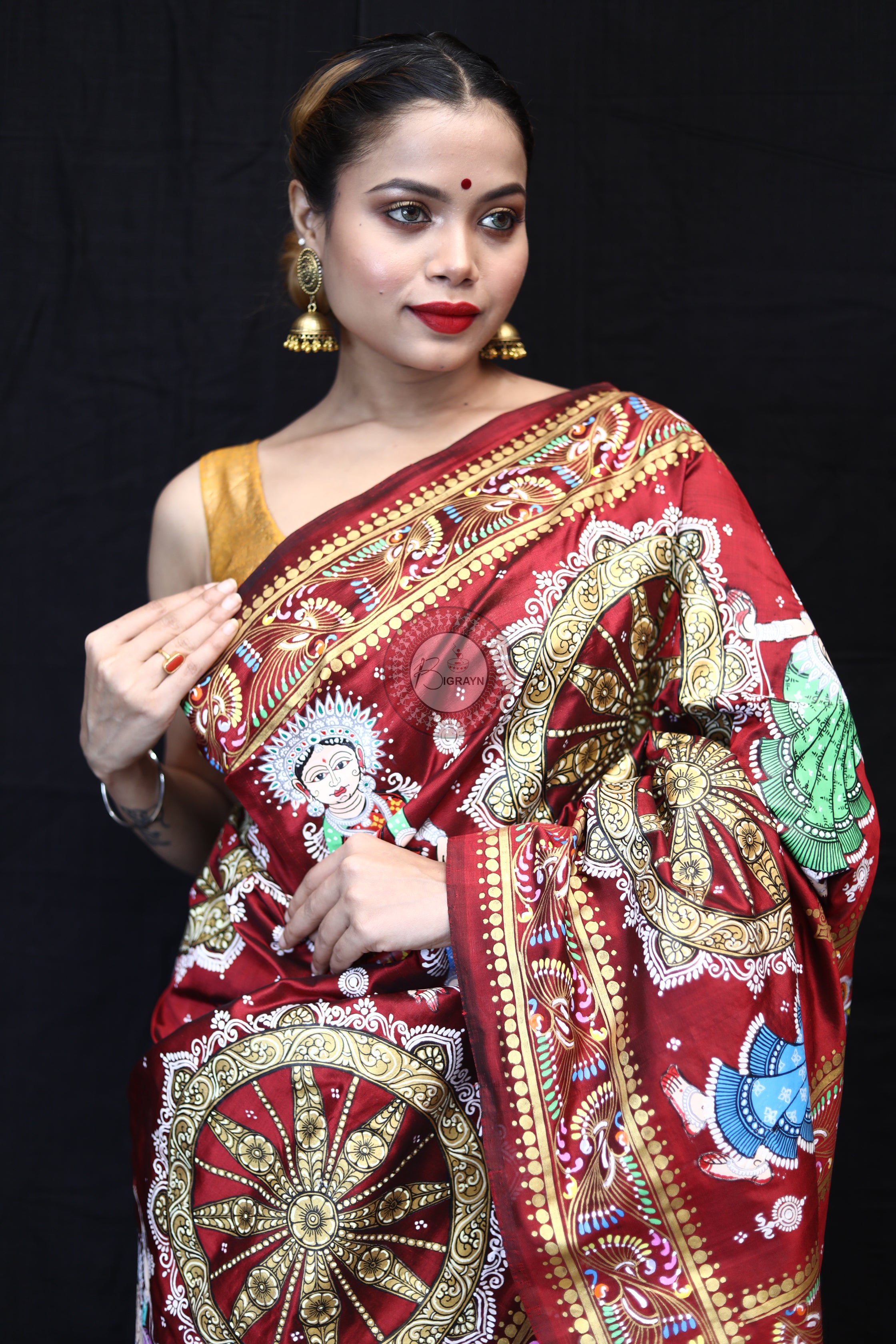 Maroon Konark Chakra Pattachitra Silk Saree