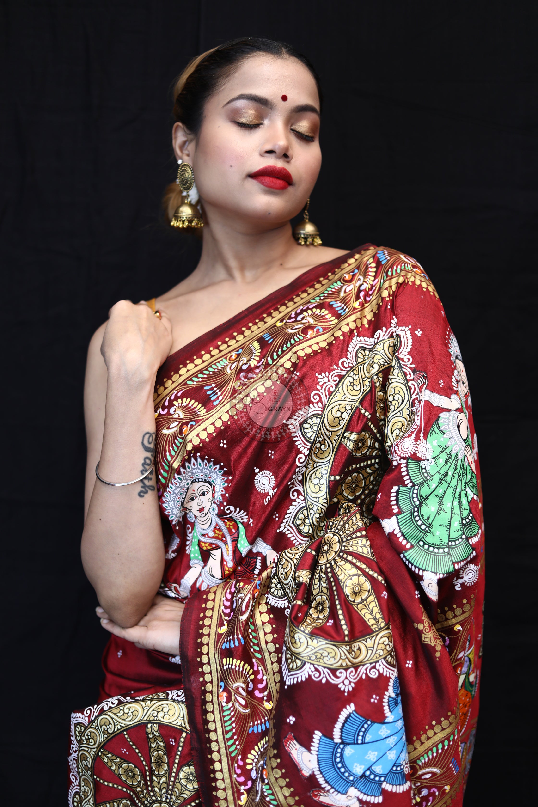 Maroon Konark Chakra Pattachitra Silk Saree