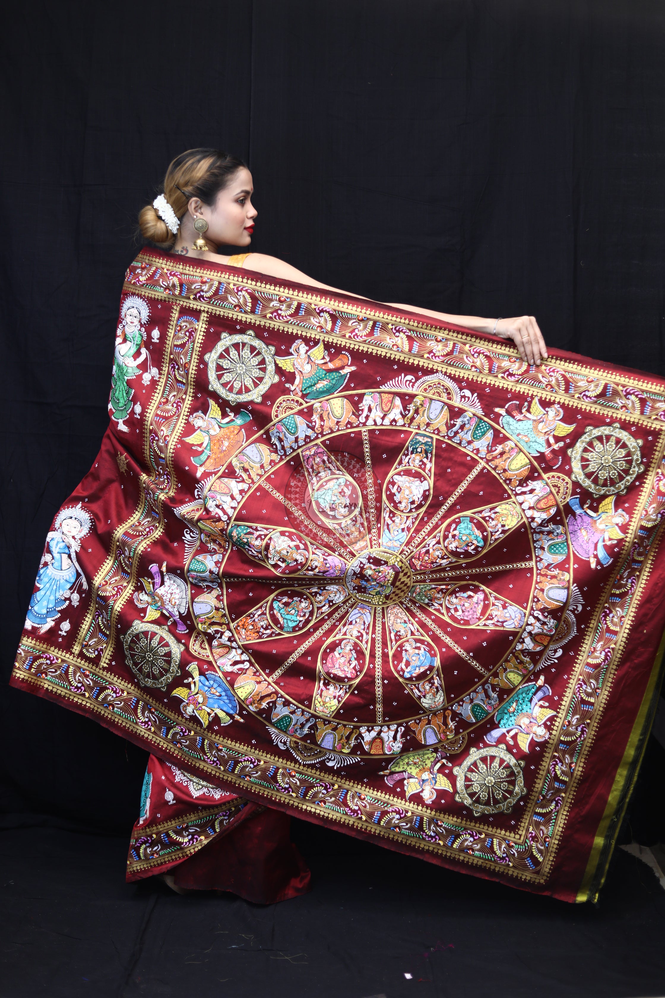 Maroon Konark Chakra Pattachitra Silk Saree