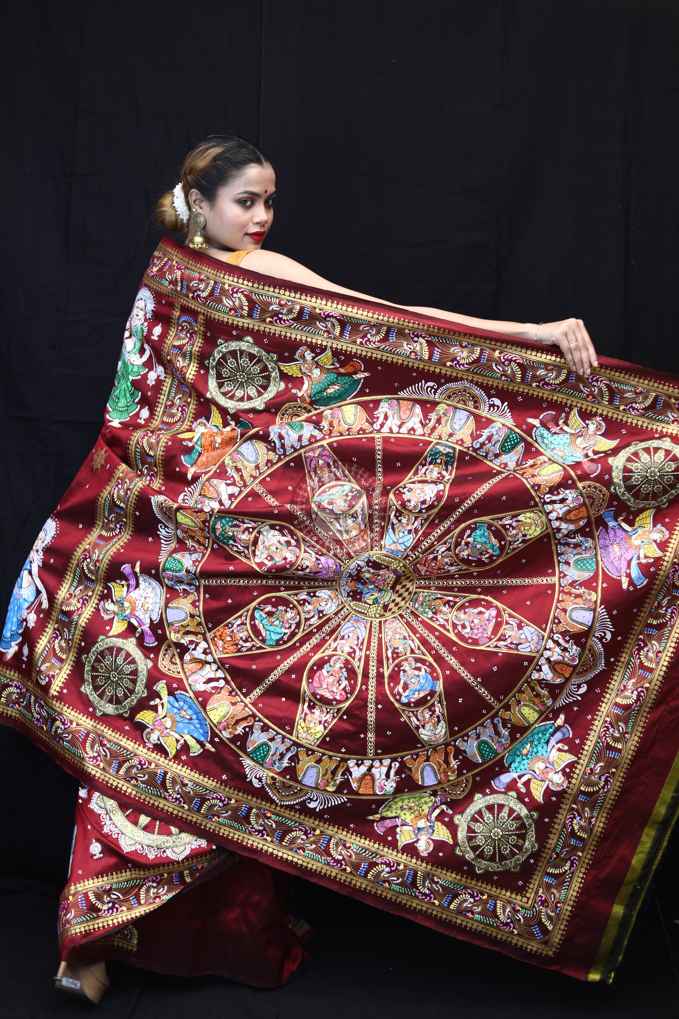 Maroon Konark Chakra Pattachitra Silk Saree